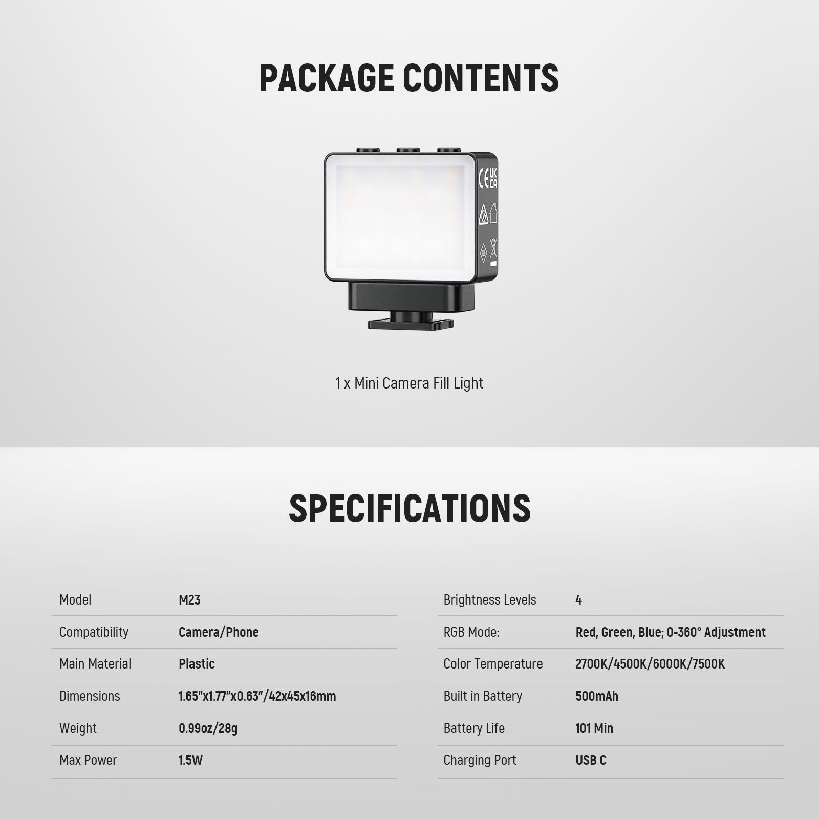 Specifications of the NEEWER M23 Magnetic Mini Portable Fill Light