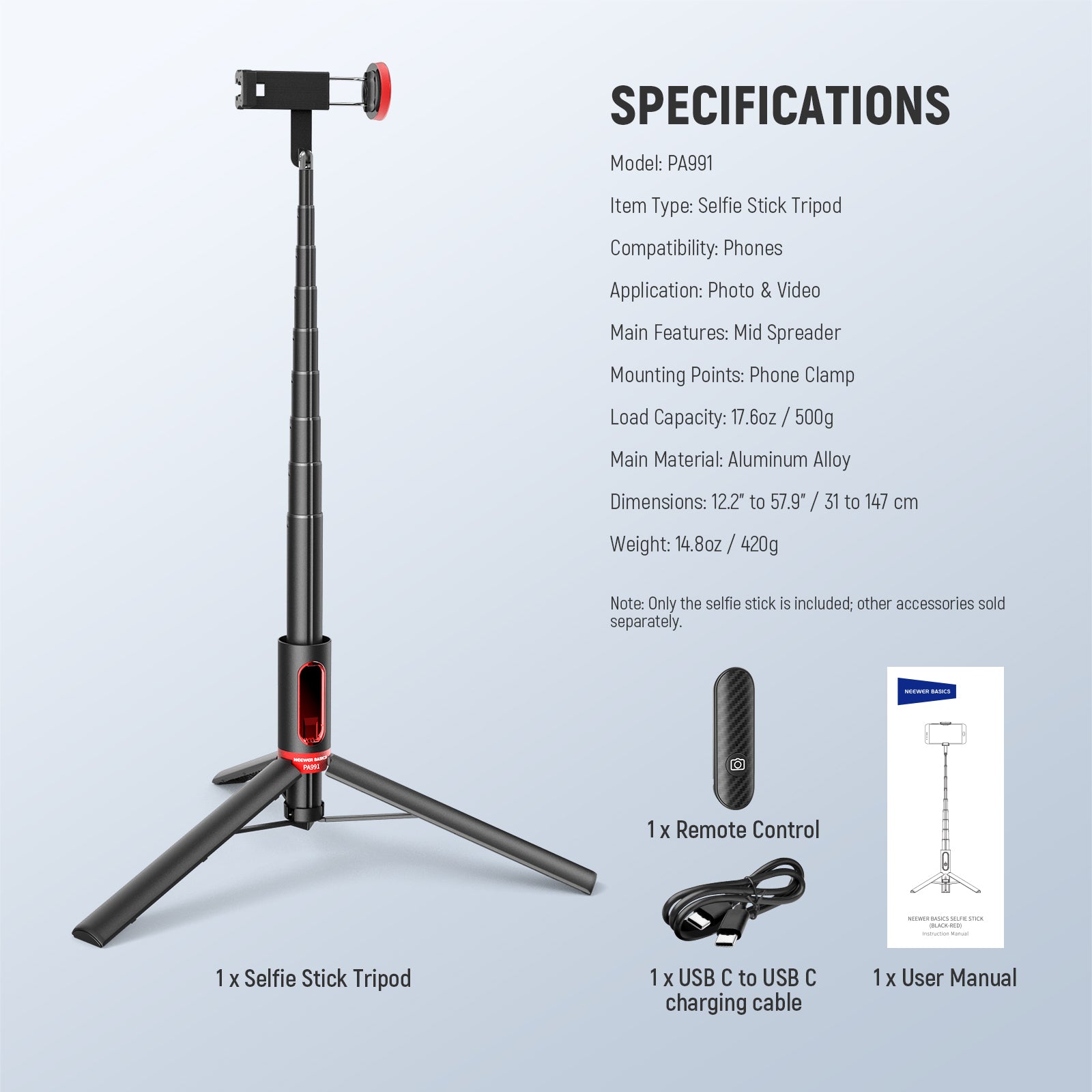 Specifications of the NEEWER PA991 57.9" One Touch Set Up Selfie Stick