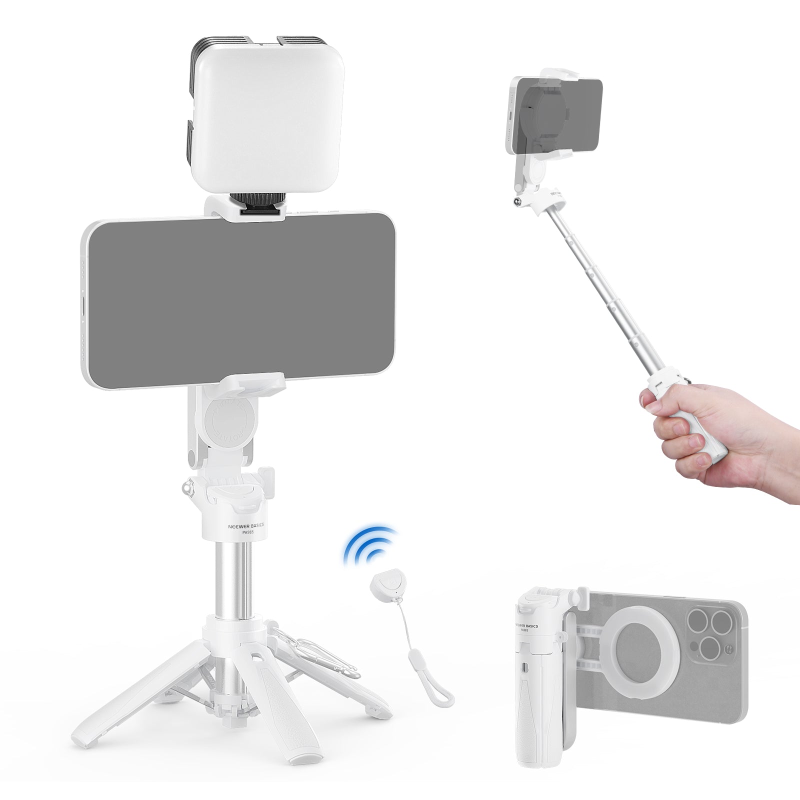 NEEWER PA985 3 in 1 White Magnetic Selfie Stick Tripod