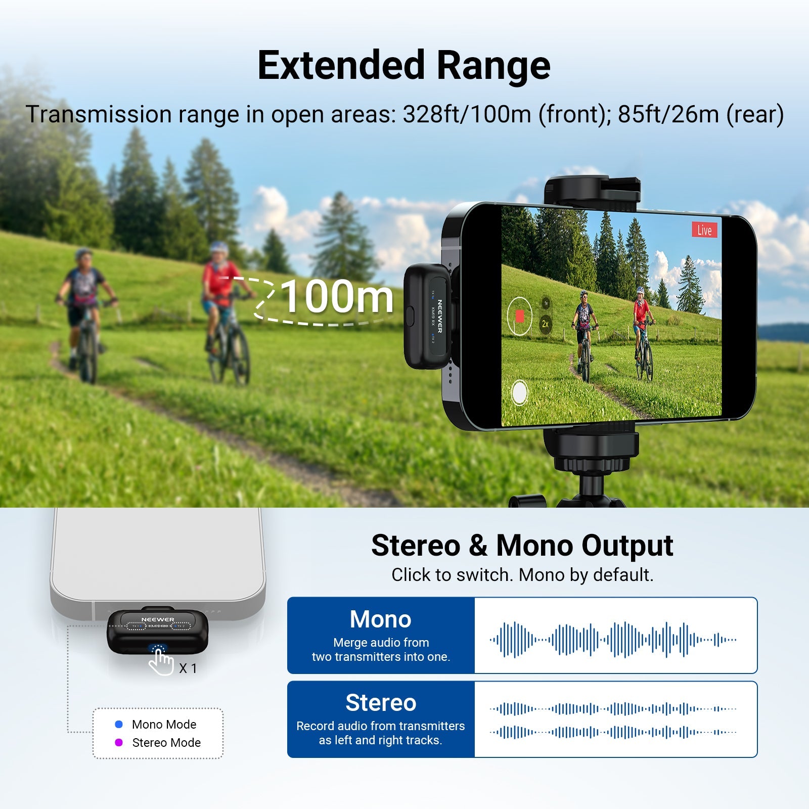 Two people cycling outdoors are using NEEWER KM19 Mini Clip On Wireless Lavalier Microphone with a transmission range of 327 ft/100 m.