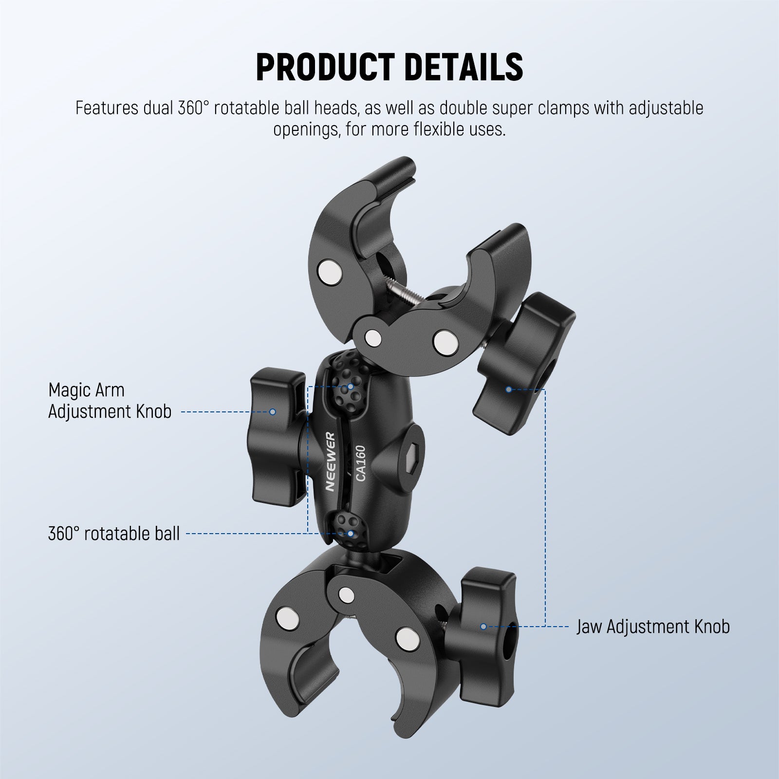 NEEWER CA160 Double Super Clamp Mount features dual 360° rotatable ball heads.
