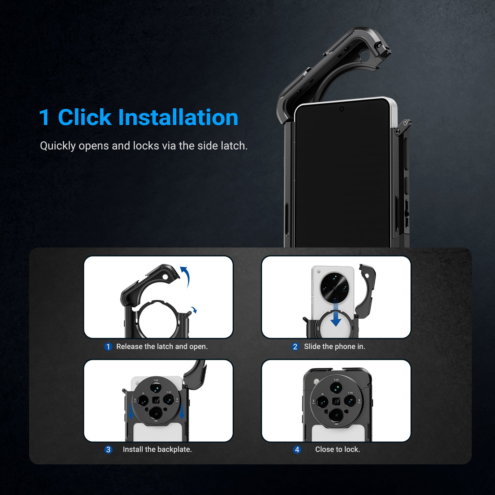 This integrated phone stabilizer cage quickly opens and locks via the side button