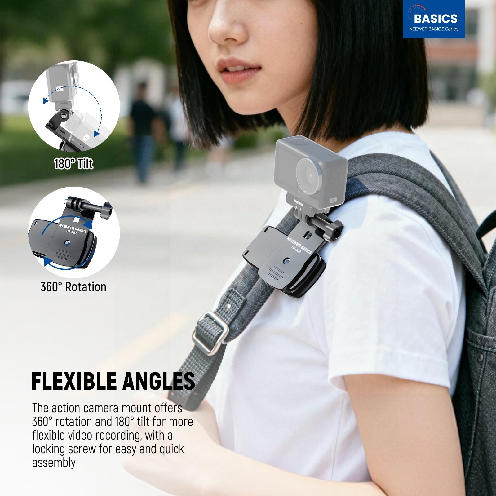 NEEWER GP-102 action camera holder mount offers 360° rotation and 180° tilt