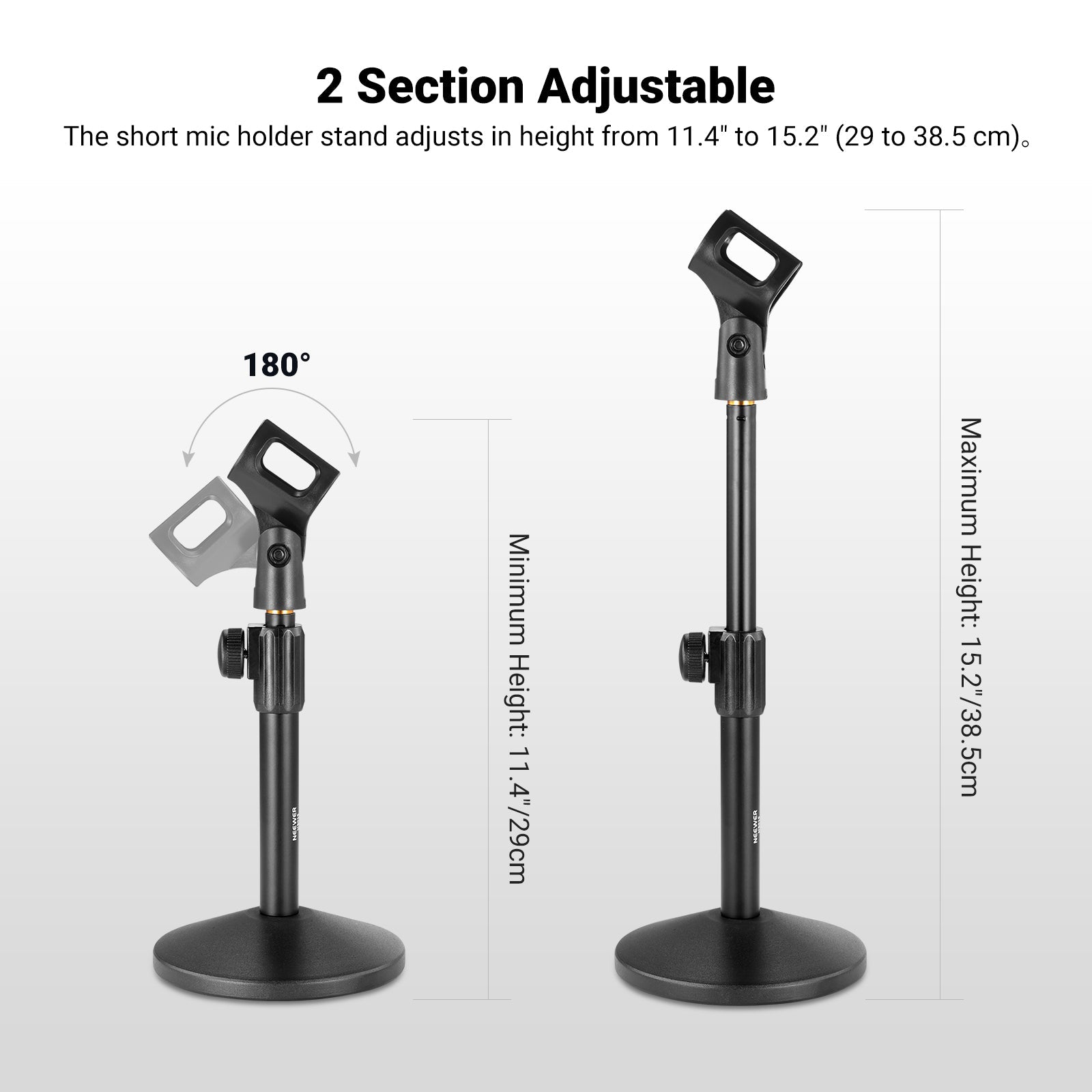 The short mic holder stand adjusts in height from 7.2" to 11.8"