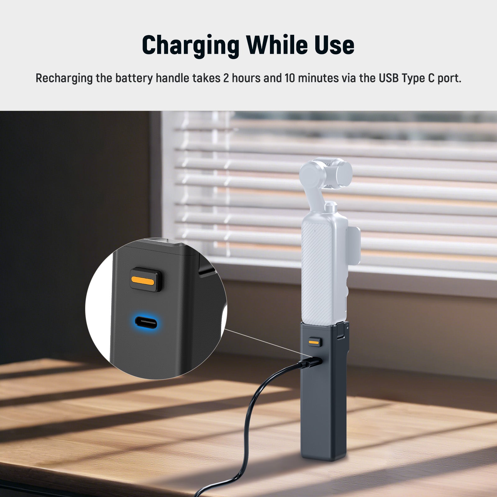 This battery pack allows you to charge the camera while using it simultaneously.