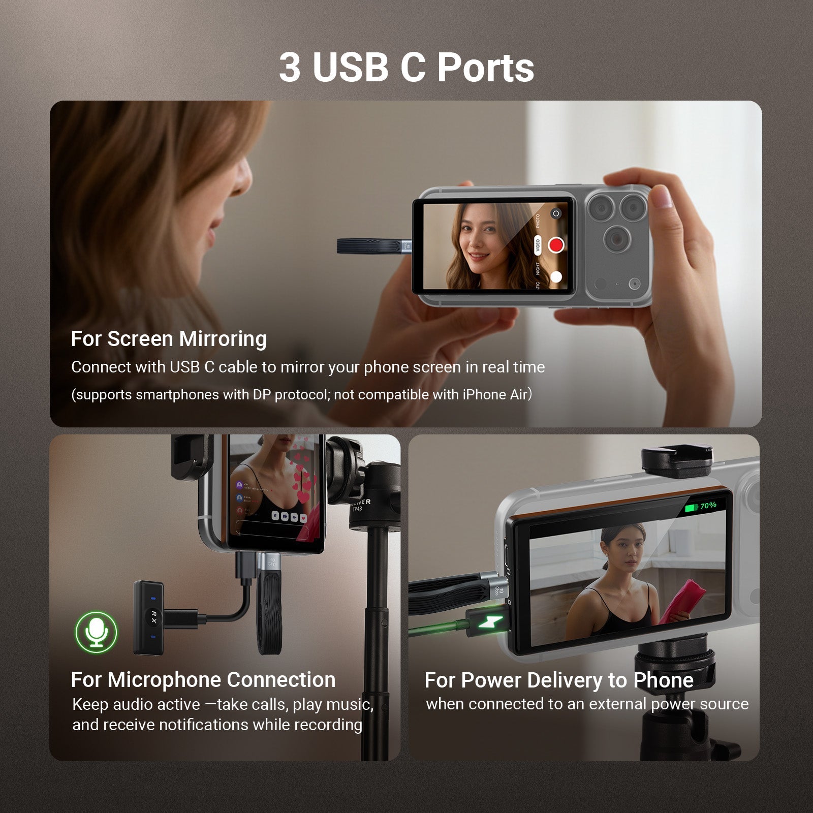 NEEWER M4U Magnetic Phone Vlog Selfie Monitor Screen features 3 USB C Ports.