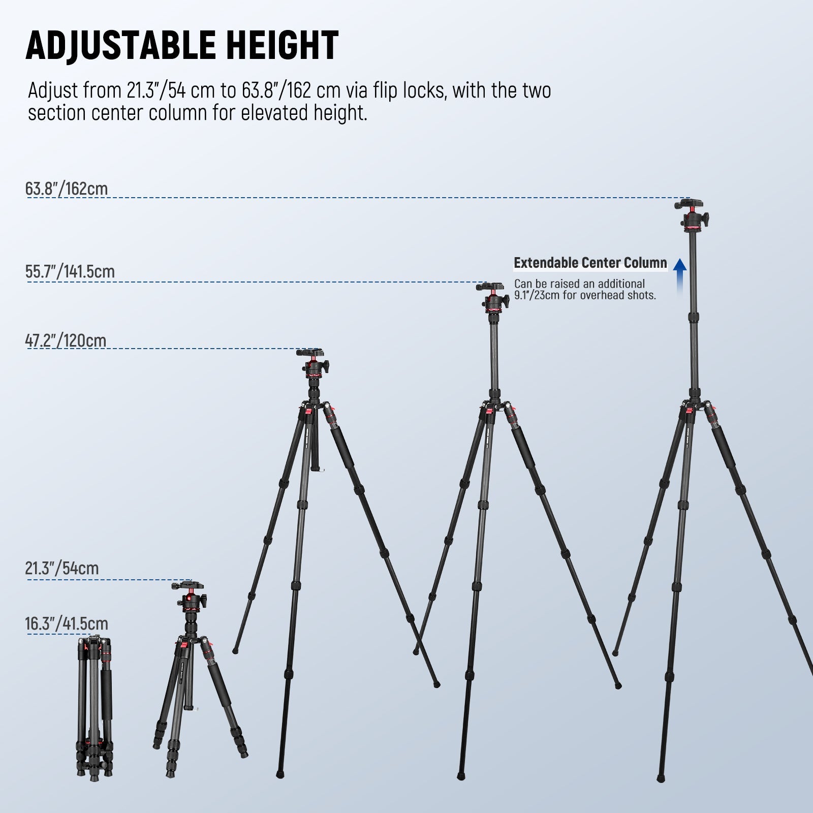 The tall tripod adjusts from 21.3" (54 cm) to 47.2" (120 cm)