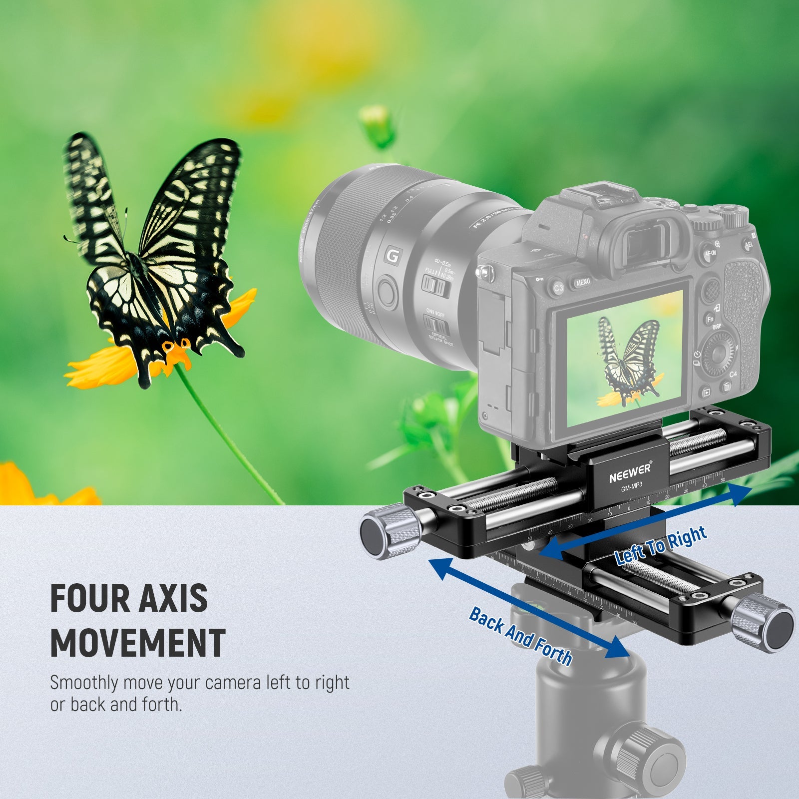 NEEWER GM-MP3 4 Axis Macro Focusing Rail allows for moving the camera smoothly in four directions: left, right, forward, and backward