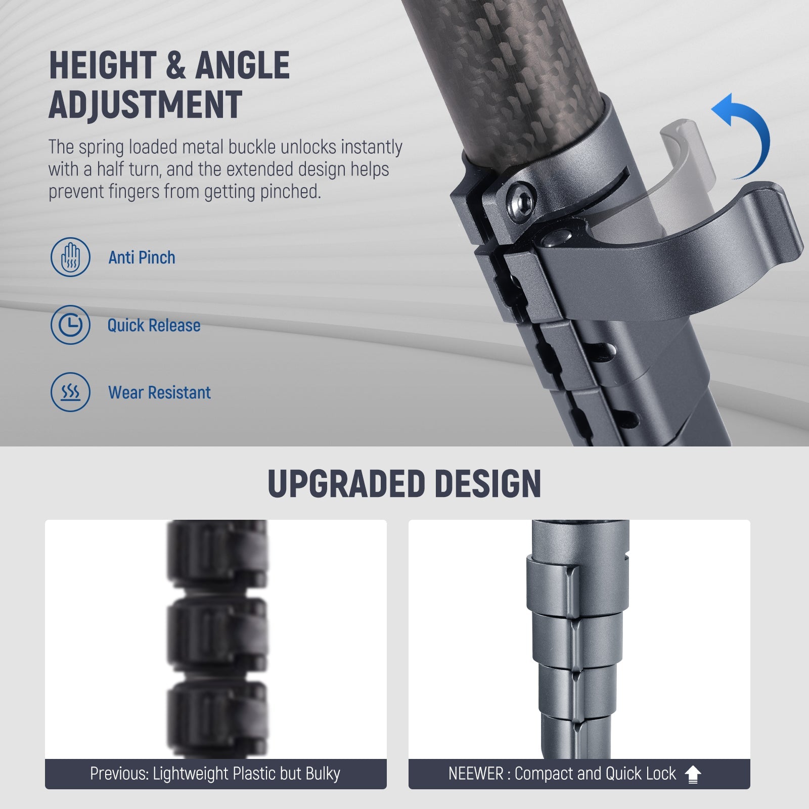 NEEWER LT34 Carbon Fiber Compact Travel Tripod enables rapid and stable height adjustment