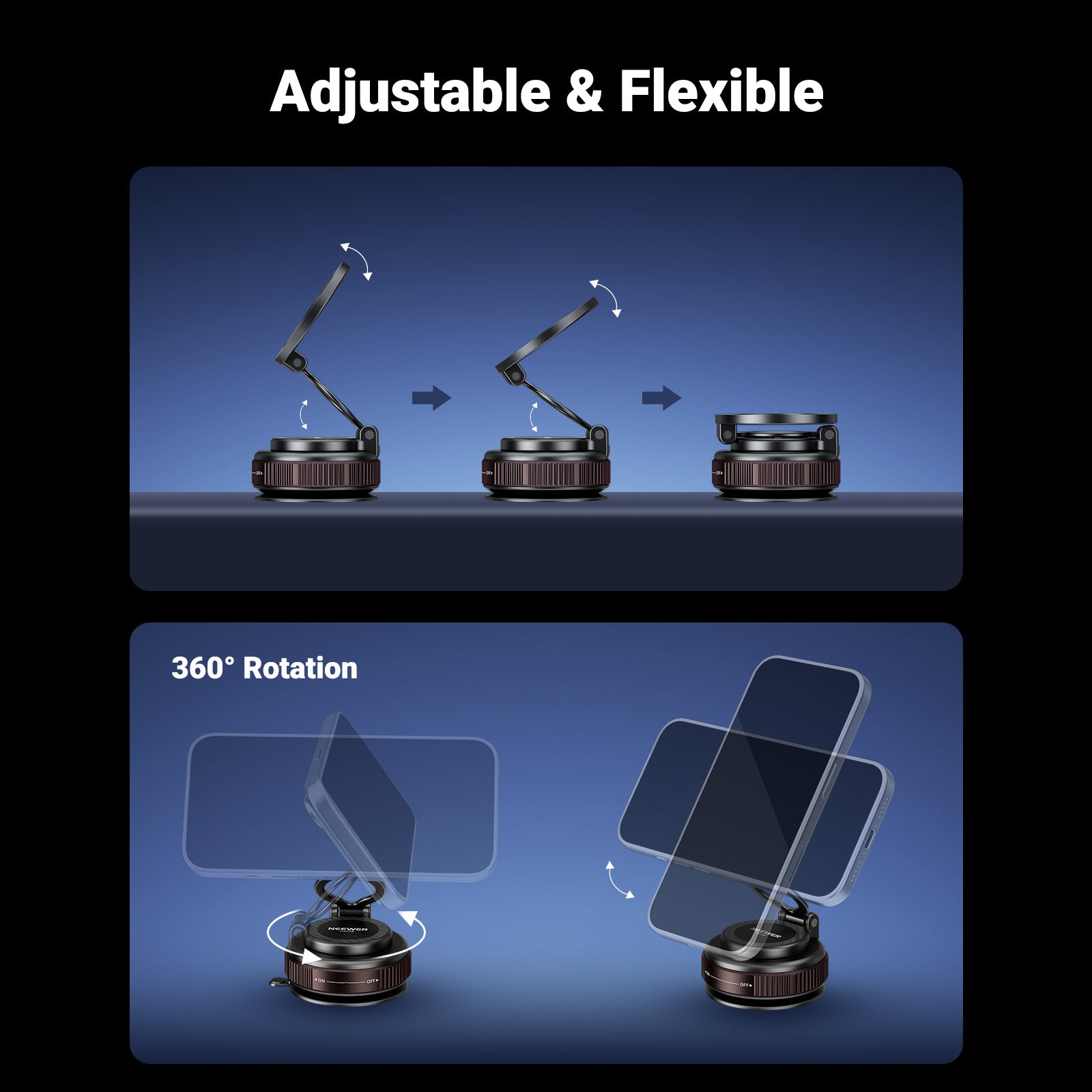 The cell phone holder stand for desk with a foldable design enables 360° rotation and 180° tilt