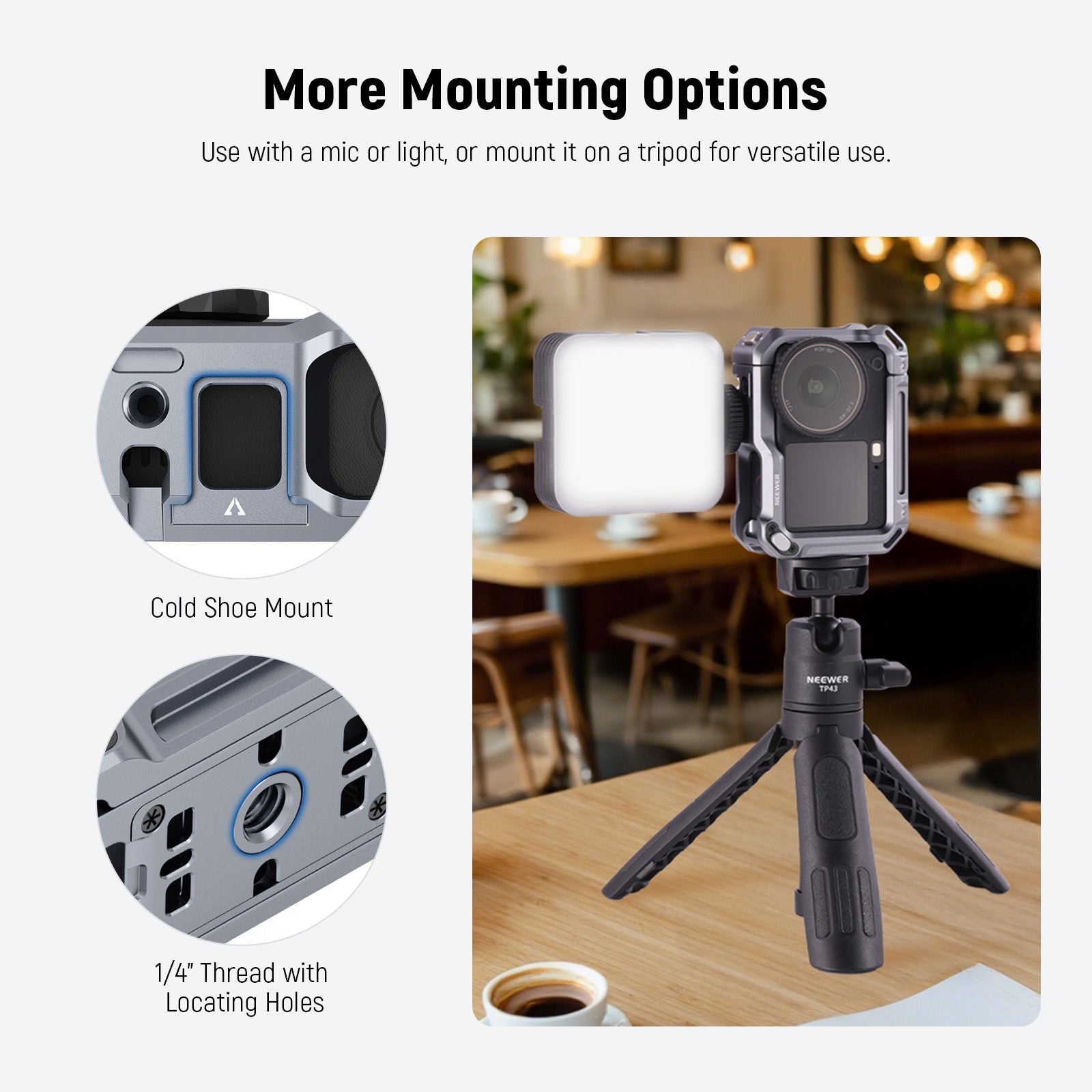 NEEWER AC049 Camera Cage features side cutouts for landscape to portrait composition switches, with a cold shoe and a 1/4" screw port for microphones or lights, or mount it on tripods or selfie sticks for versatile use