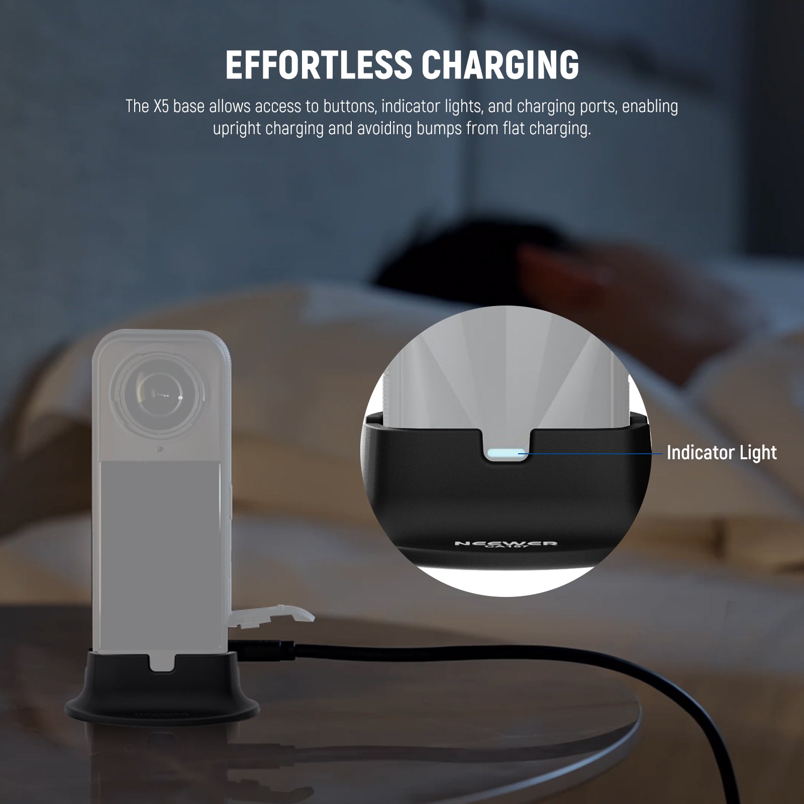 The X5 base allows for easy access to buttons, indicator lights, and charging ports after installation