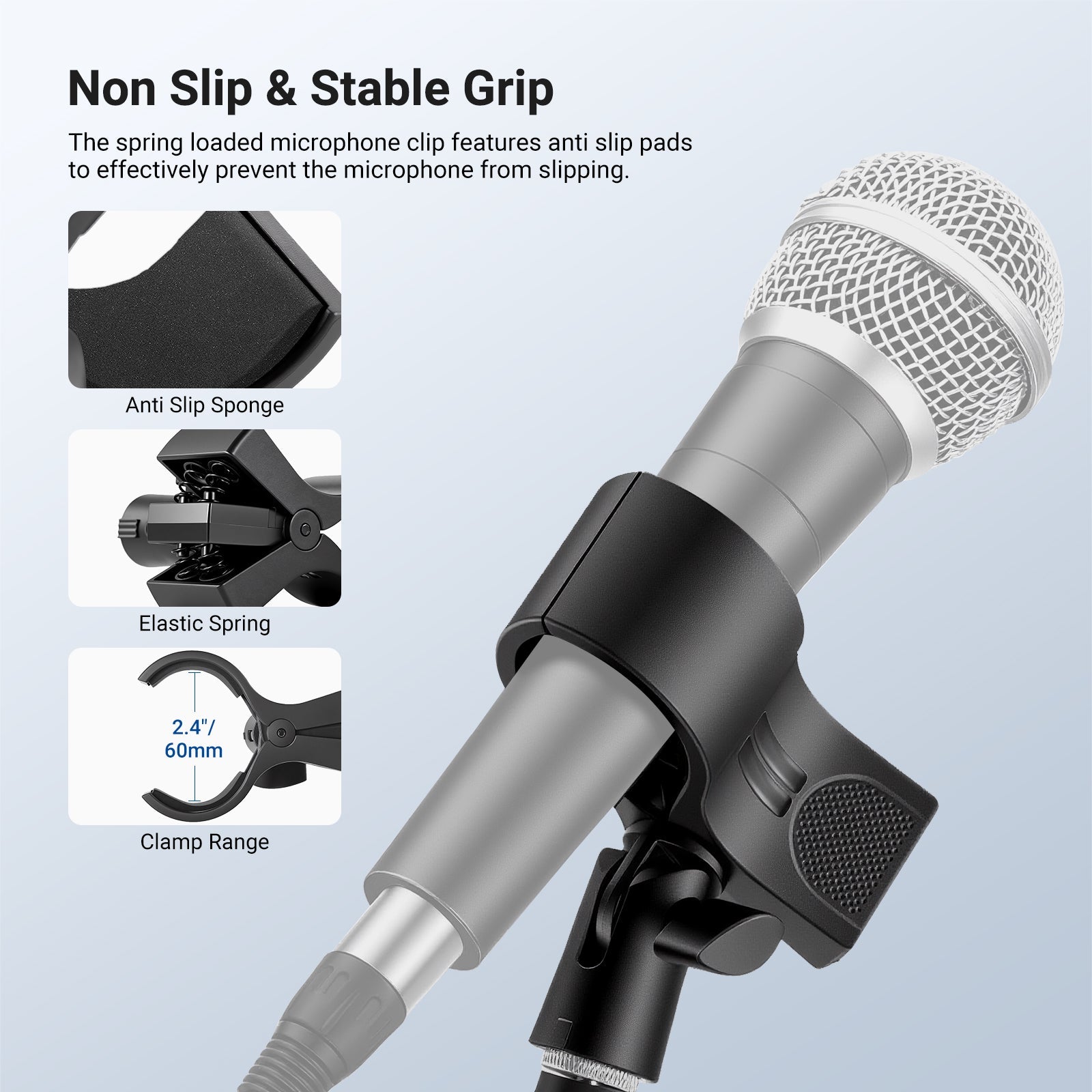 The spring loaded microphone clamp with non slip pads to prevent slipping