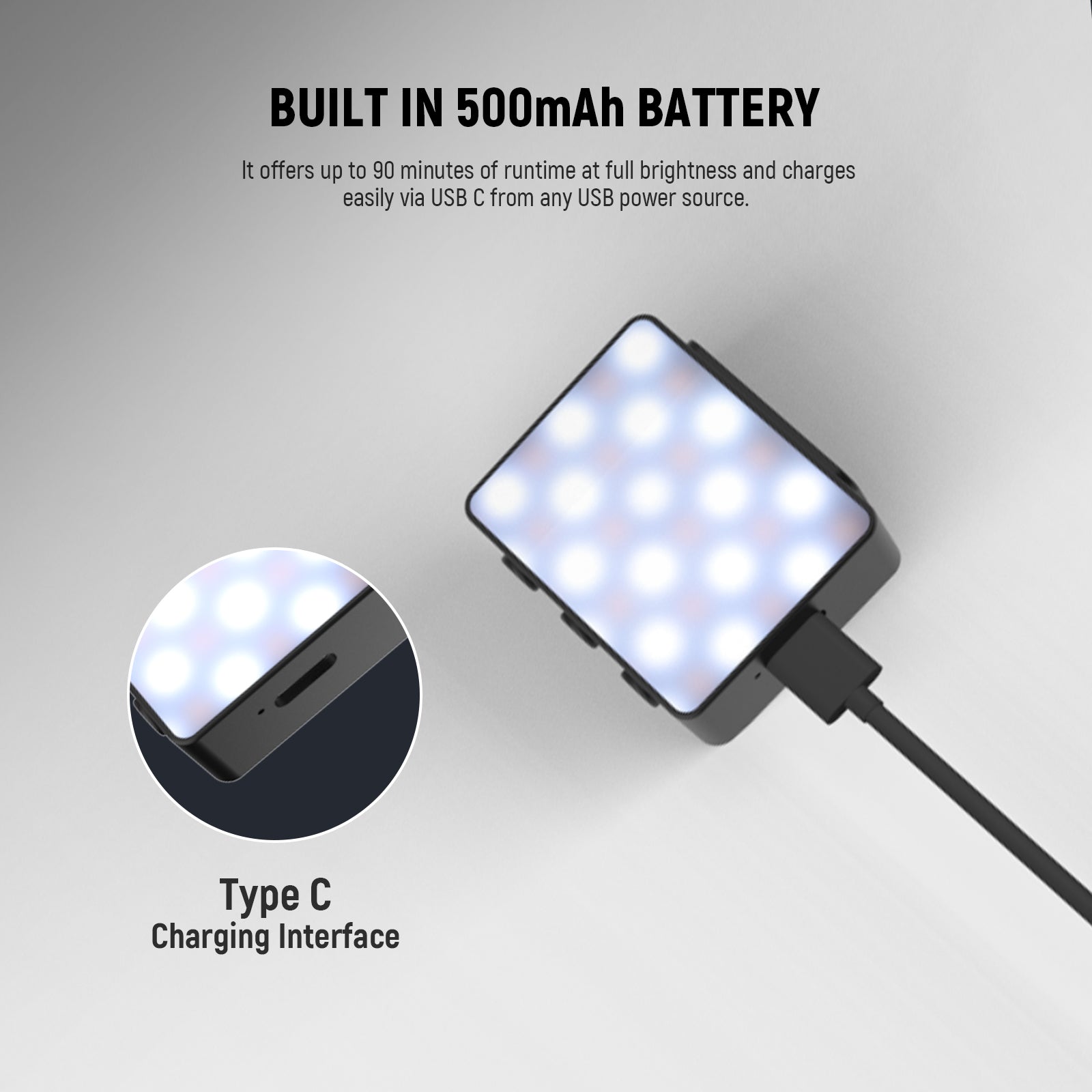 NEEWER M24 Bi Color Magnetic LED Fill Light has a built-in 500mAh battery.