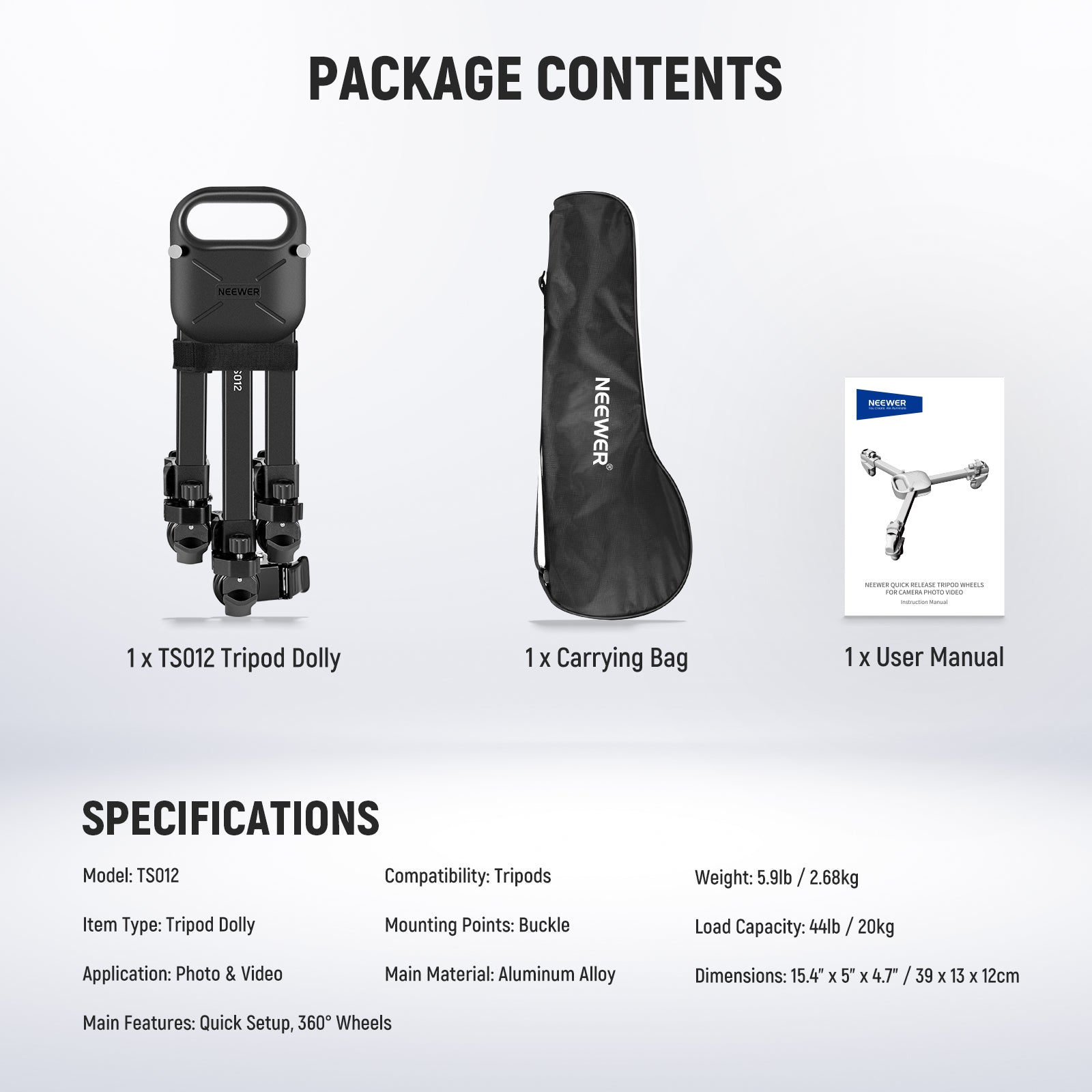 Package Contents of the NEEWER TS012 Heavy Duty Camera Dolly