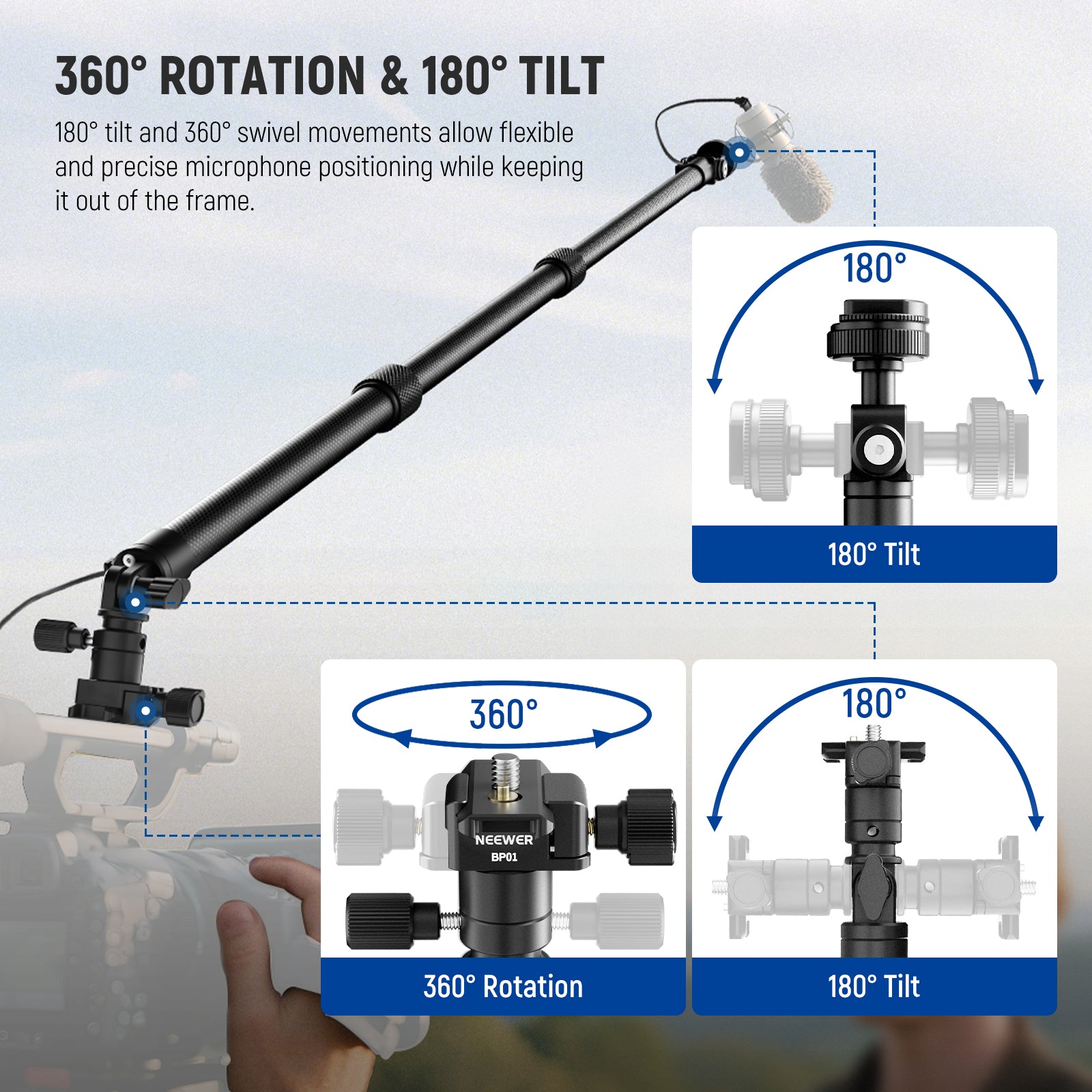 NEEWER BP01 Carbon Fiber Microphone Boom Pole supports 180° tilt and 360° swivel movements.