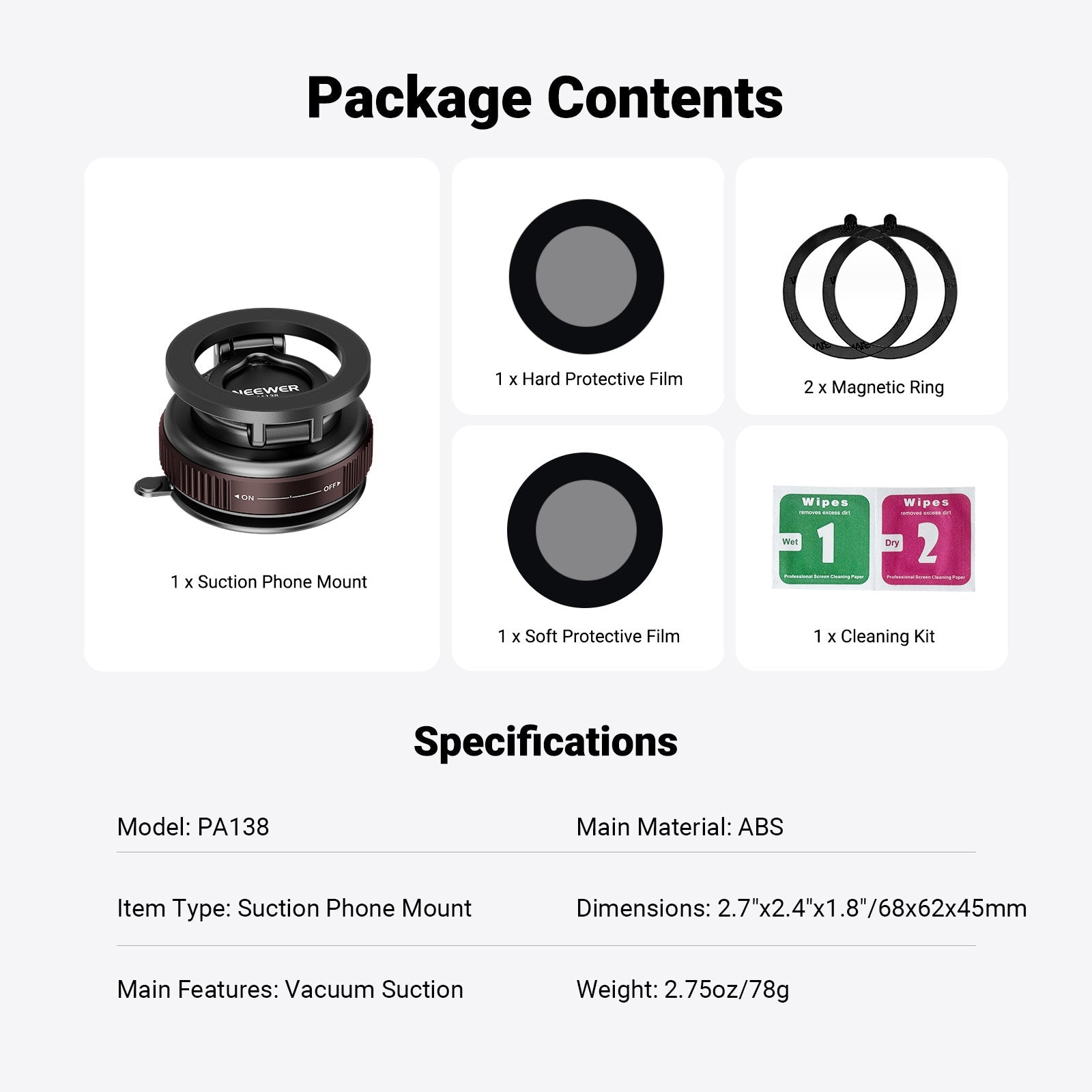 This package includes a suction phone mount, a hard protective film, a soft protective film, two magnetic rings, and a cleaning kit.