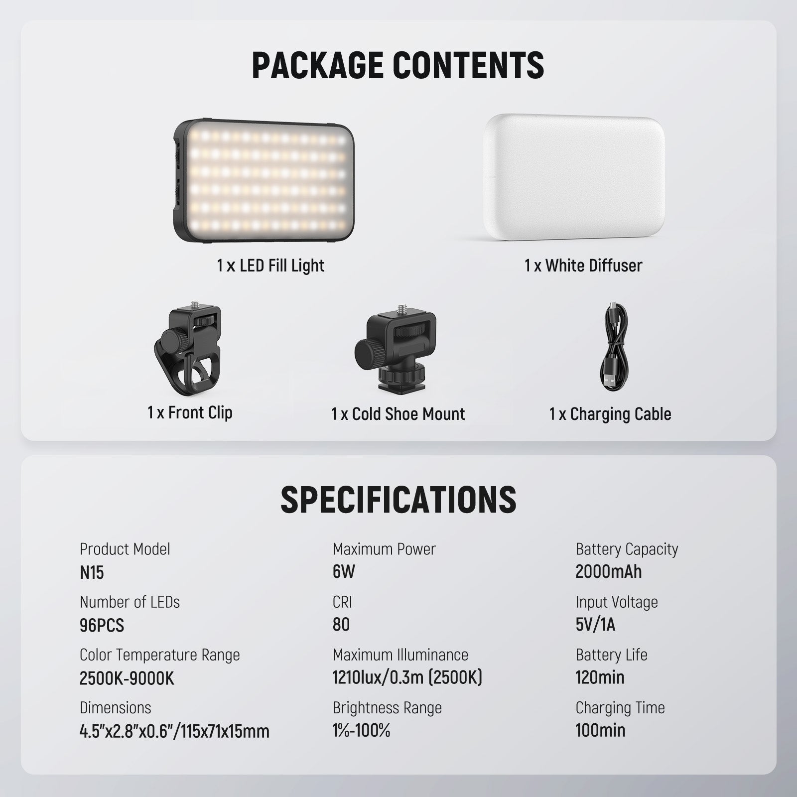 Package Contents of the NEEWER N15 Clip On Magnetic Selfie Light