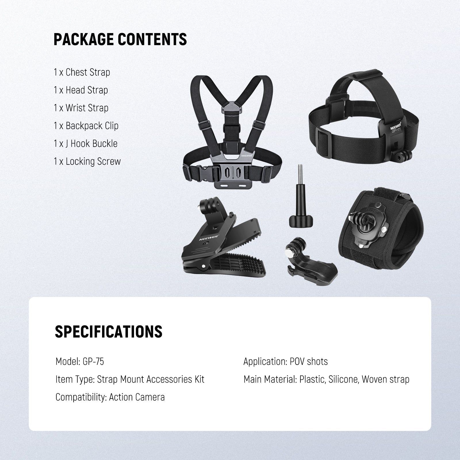 Package Contents of the NEEWER GP-75 Strap Mount Accessories Kit For Action Camera