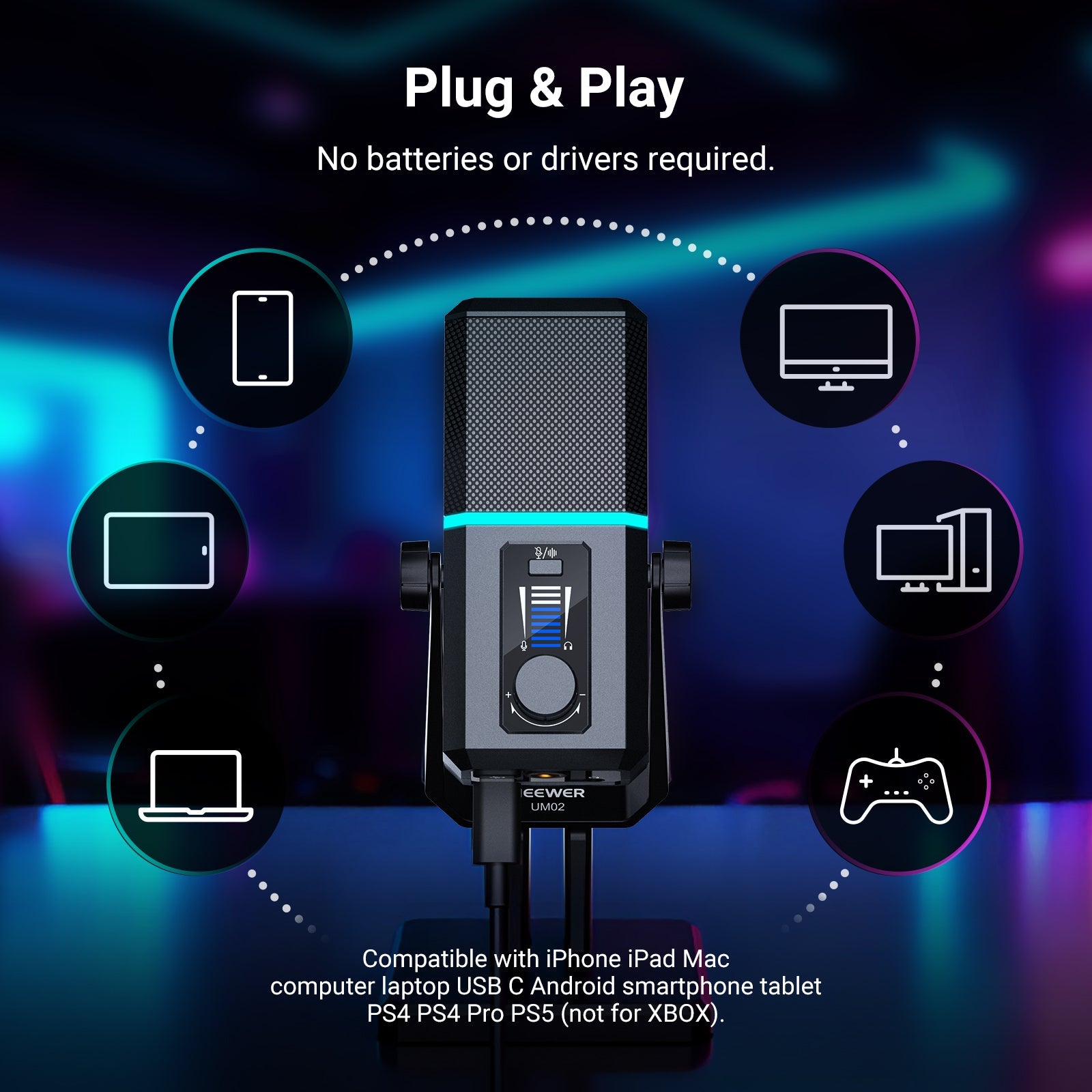 Plug & play external desktop USB mic with RGB indicator and mood lighting