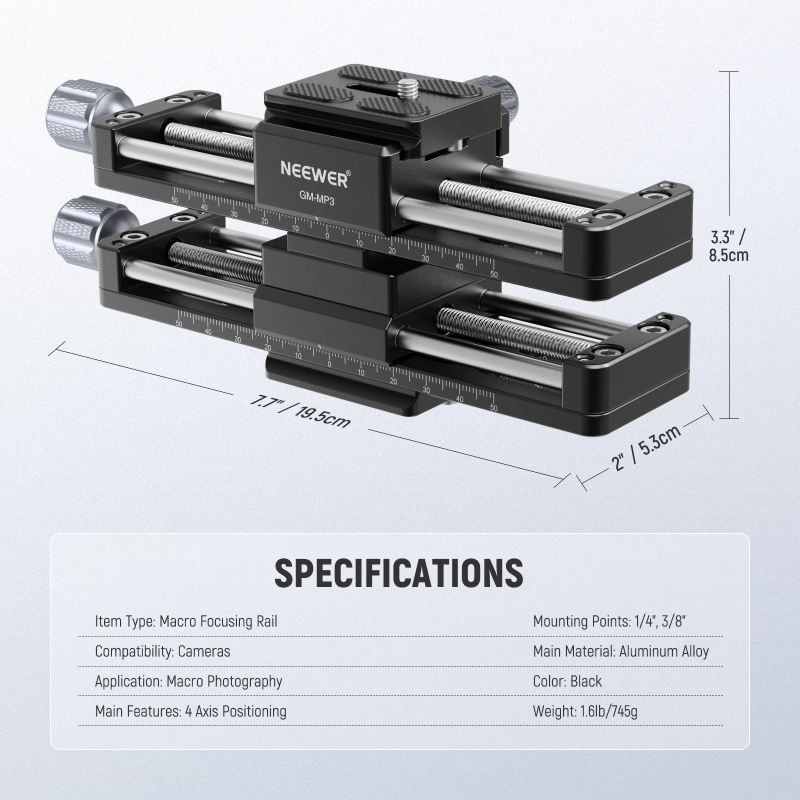 This package includes a Macro Focusing Rail, a 1/4" to 3/8" Adapter, and a Hex Key.