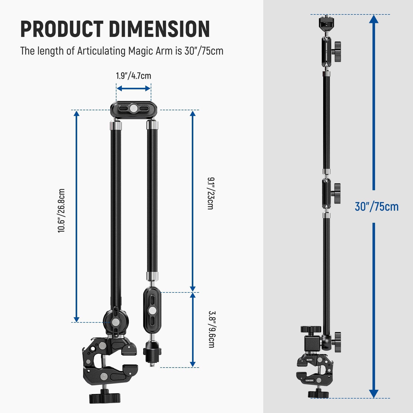 Product dimensions of the NEEWER UA056 Articulating Magic Arm