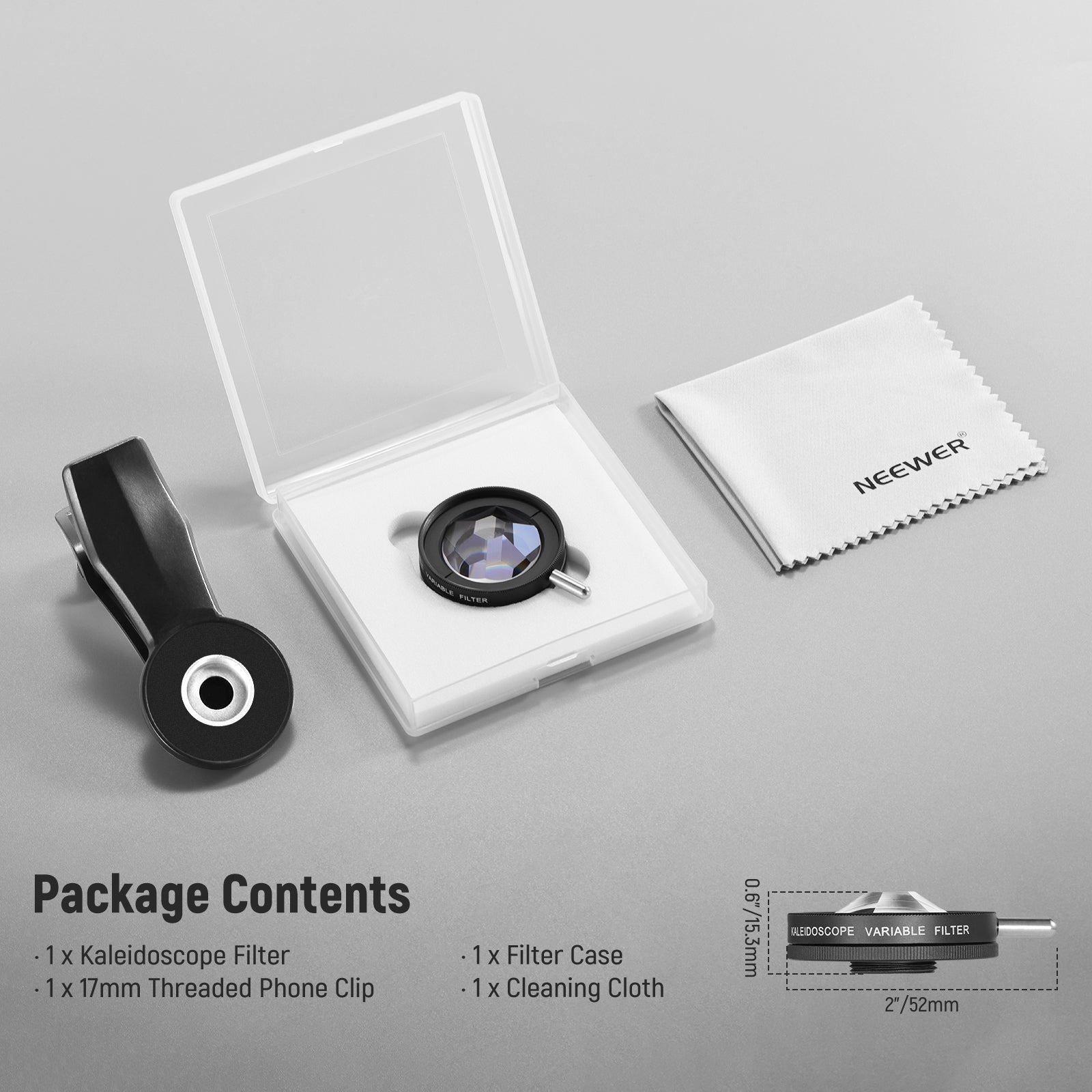 Package Contents of the NEEWER FL-101 Kaleidoscope Prism Filter with Phone Clip