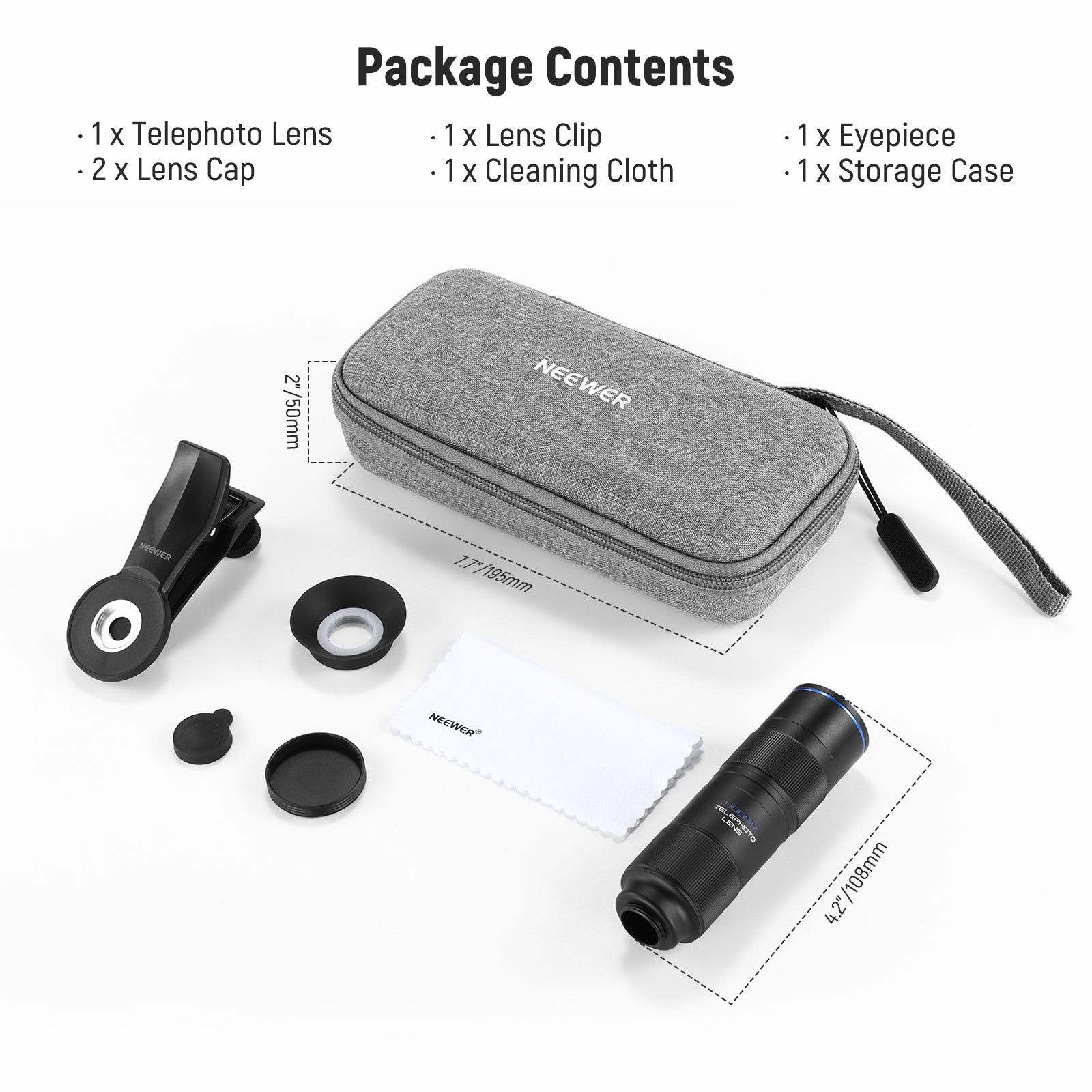 Package Contents of the NEEWER LS-78 400mm Phone Telephoto Lens with 17mm Threaded Lens Clip Kit