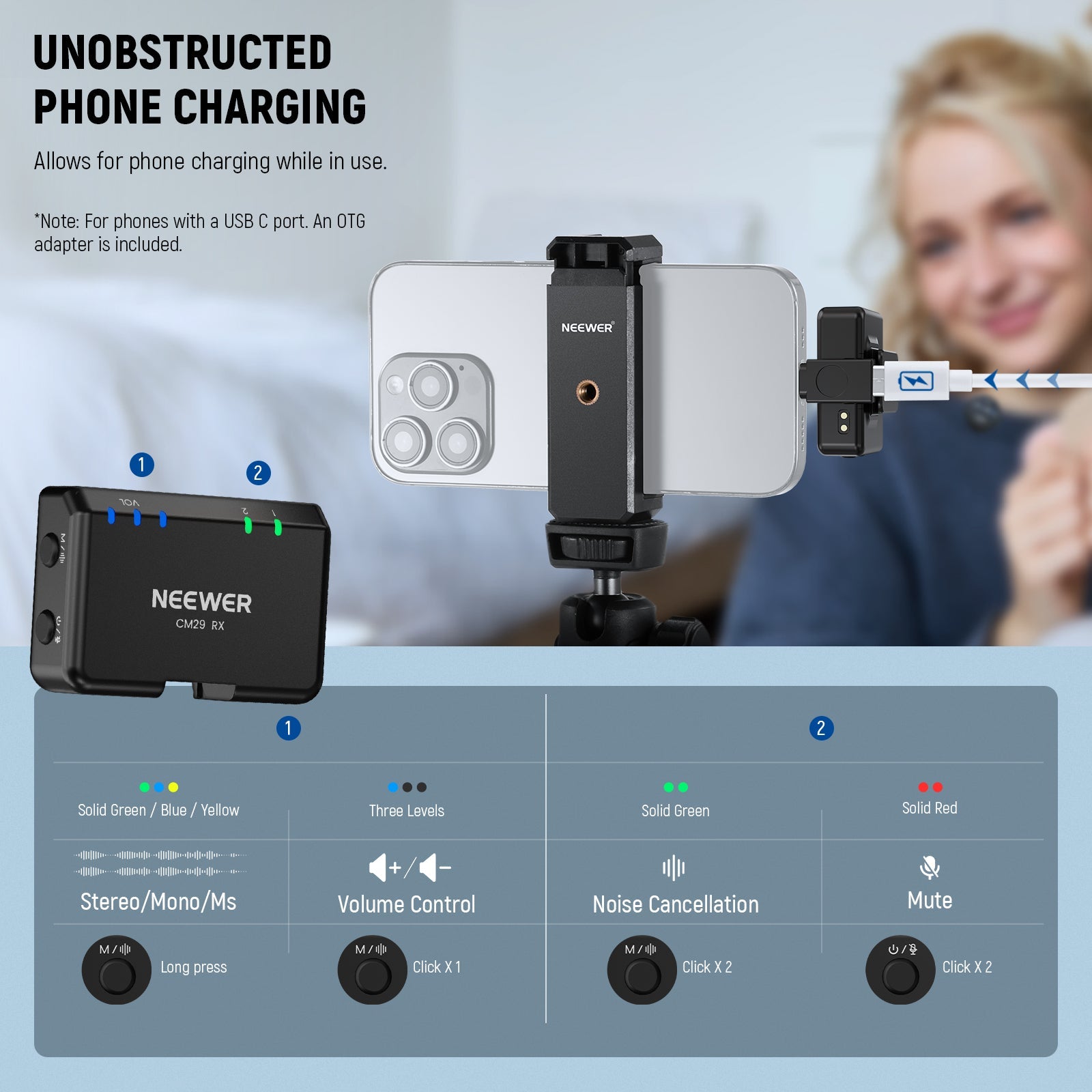 NEEWER CM29 Wireless Lapel Lavalier Microphone System allows for phone charging while in use.