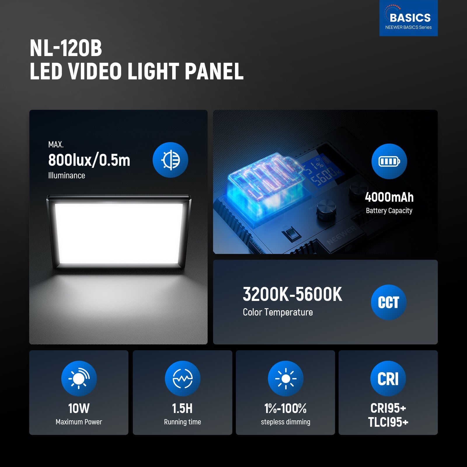 The 9" LED video key light features 120 high performance LEDs