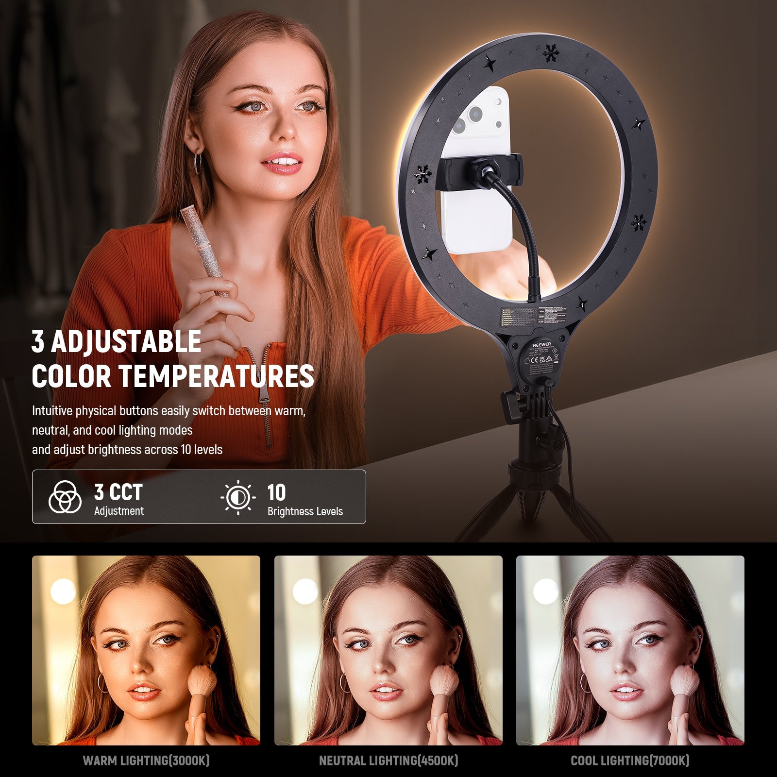 NEEWER N25 Desk Ring Light allows 3 color modes, 10 dimming levels, and a timer function with 3/6/9/12H settings.