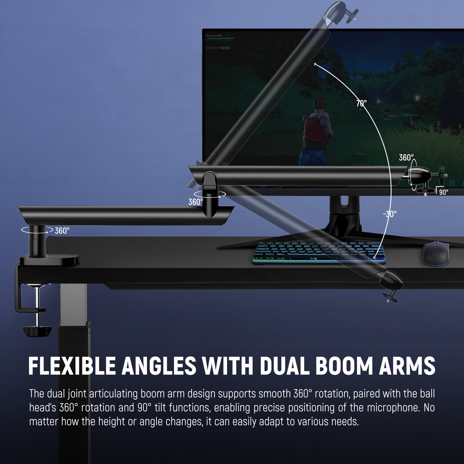 The two articulating boom arms enable smooth 360° rotation
