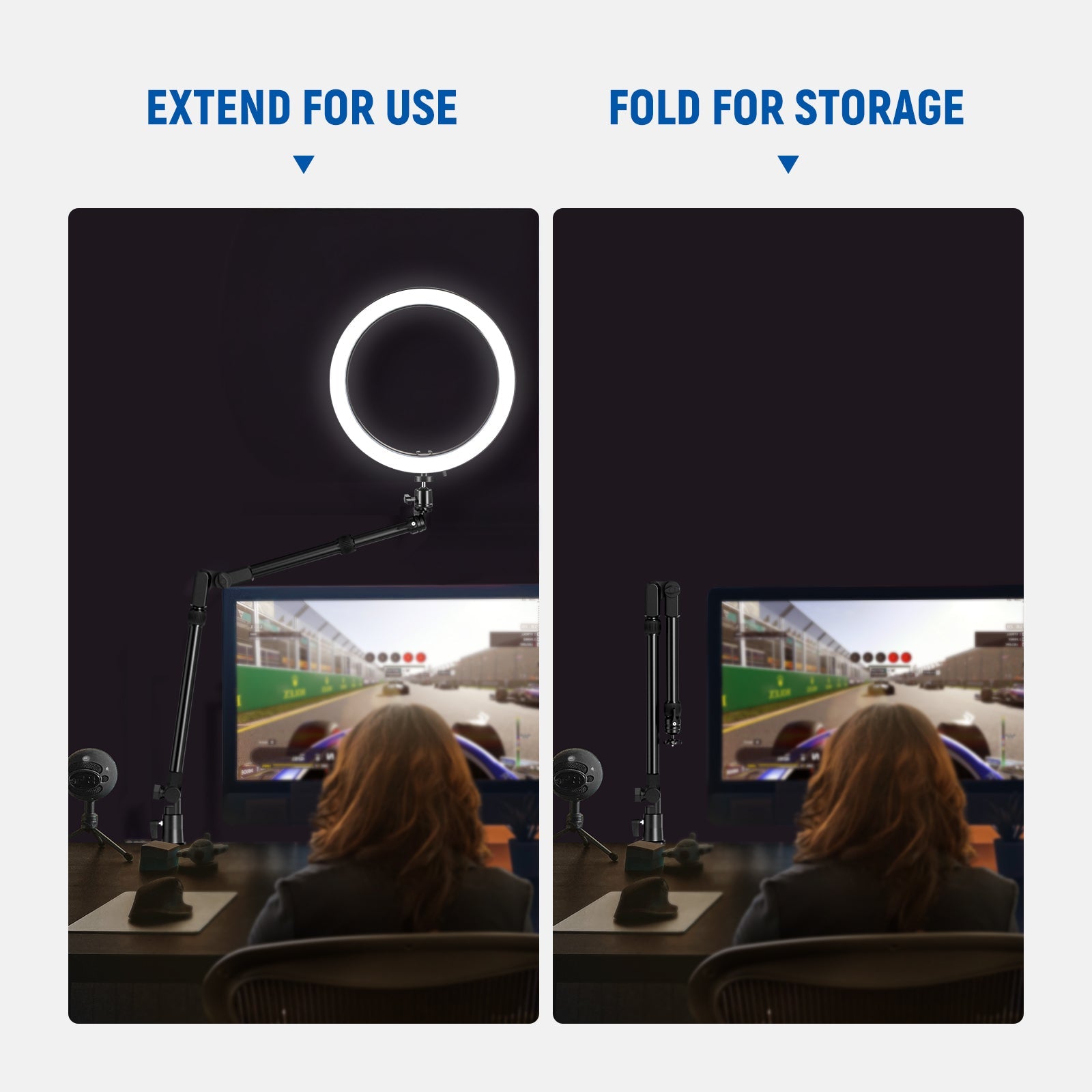 This articulating camera and microphone desk stand folds at two points