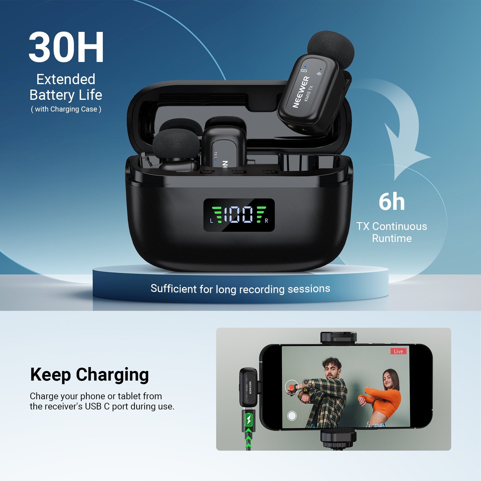 NEEWER KM19 Mini Clip On Wireless Lavalier Microphone offers 30 hours extended battery life.
