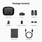 This package includes a charging case, a receiver, two transmitters, two windscreens, and more.