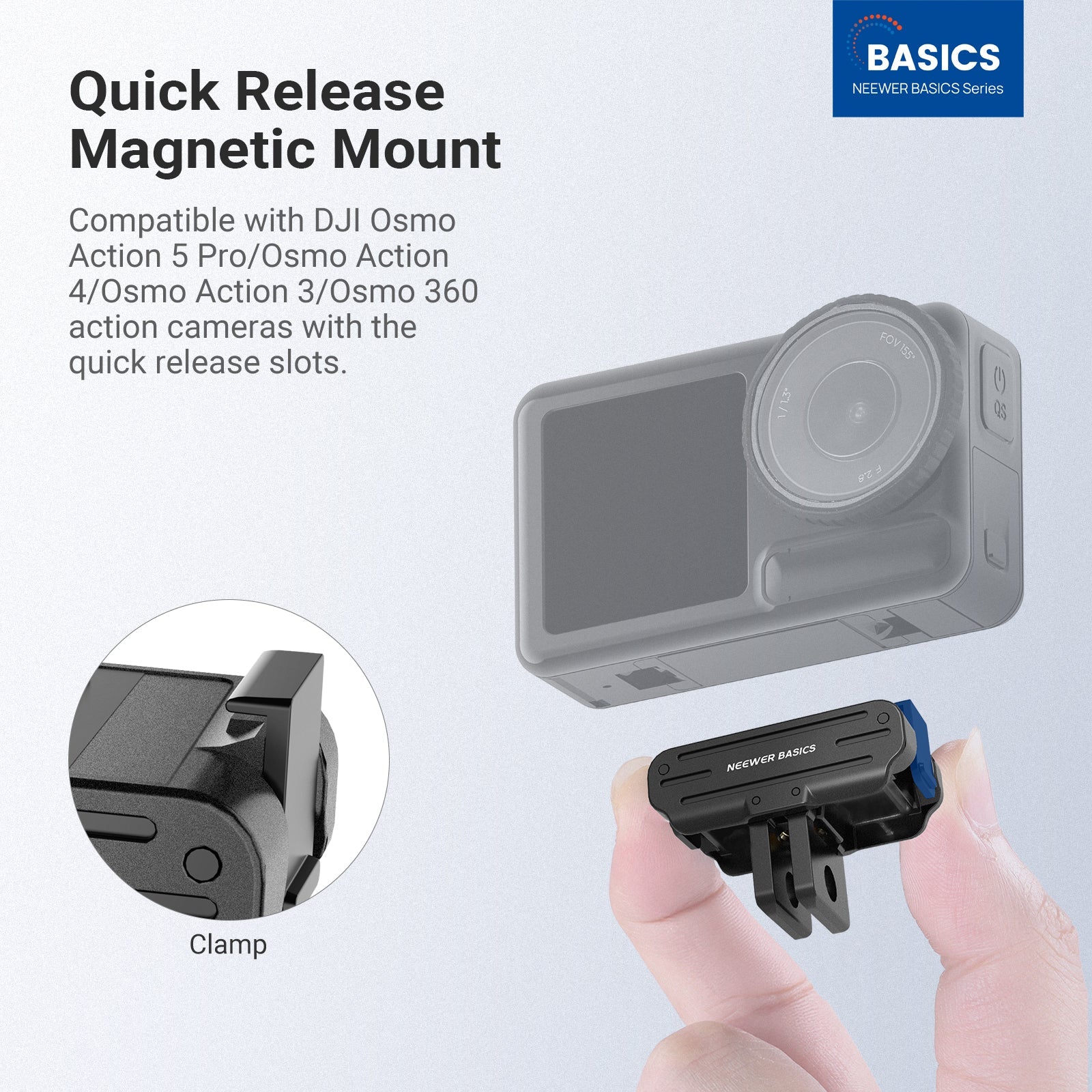 NEEWER DP04 Magnetic Mount is compatible with DJI Osmo Action 5 Pro/Osmo Action 4/Osmo Action 3/Osmo 360 action cameras with the quick release slots.