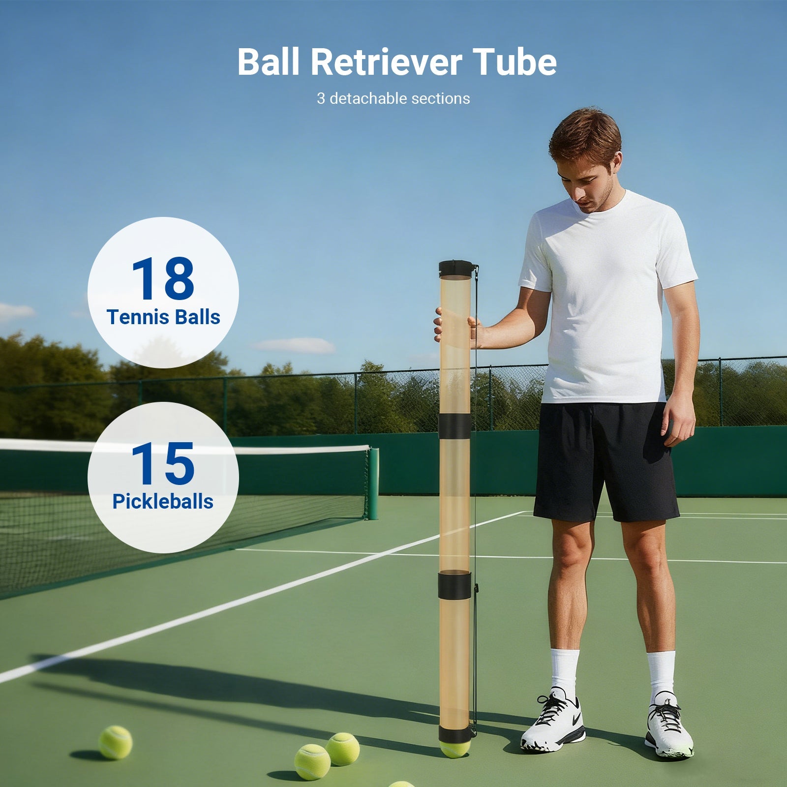 NEEWER TB02Z Pickleball & Tennis Ball Pickup Tube breaks down into three sections.