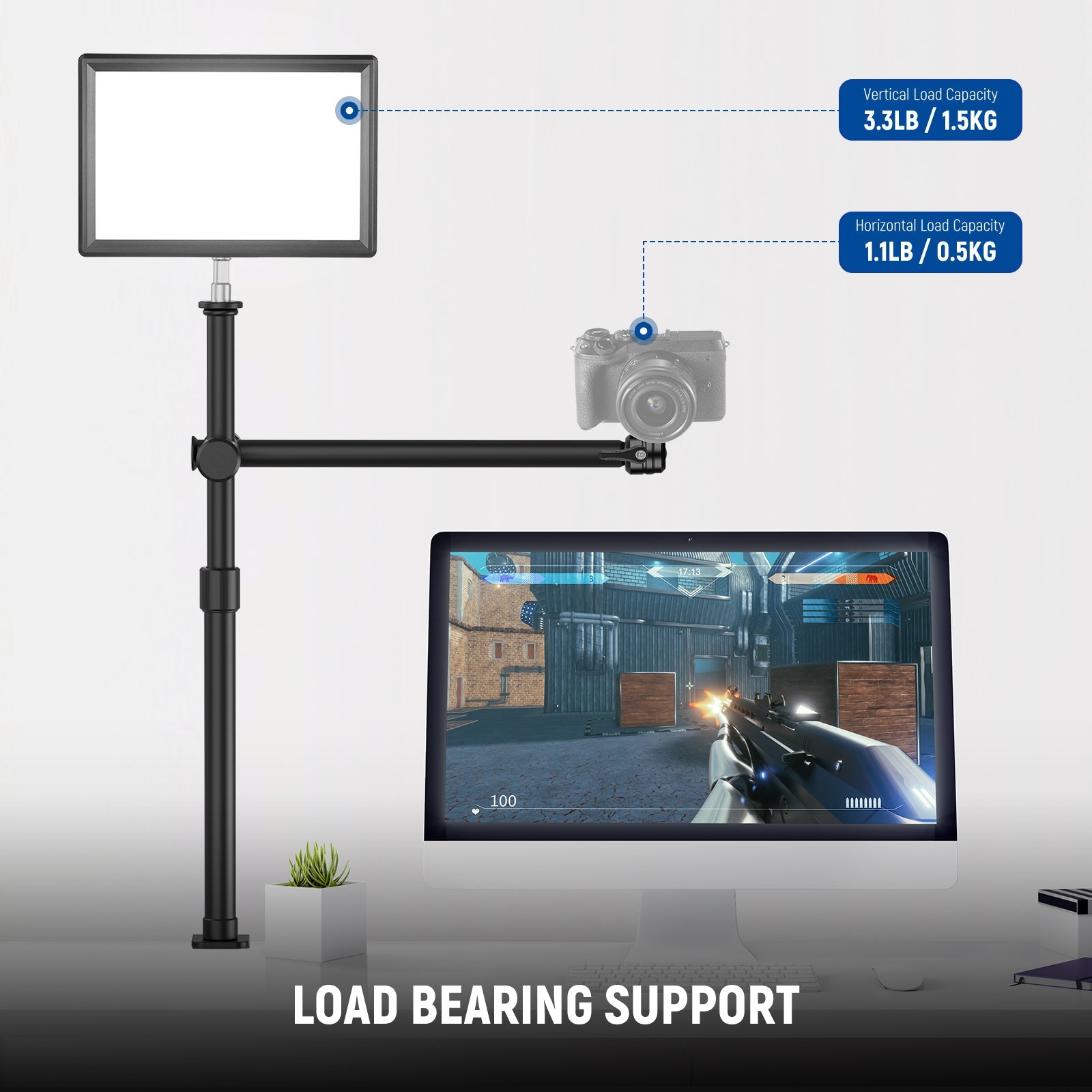 The overhead camera desk mount stand can support devices up to 1.5kg.