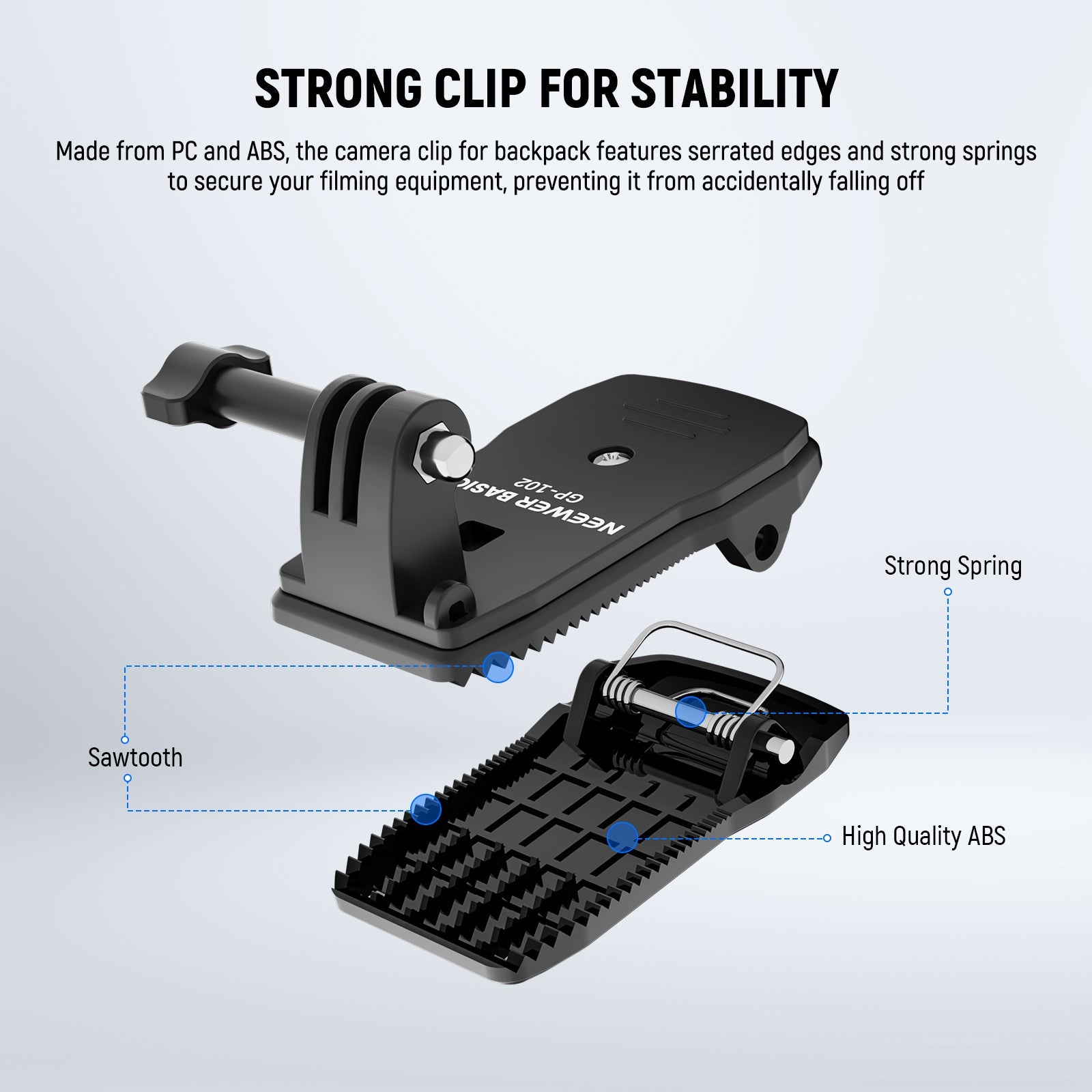 Made from PC and ABS, the camera clip for backpack features serrated edges and strong springs to secure your filming equipment