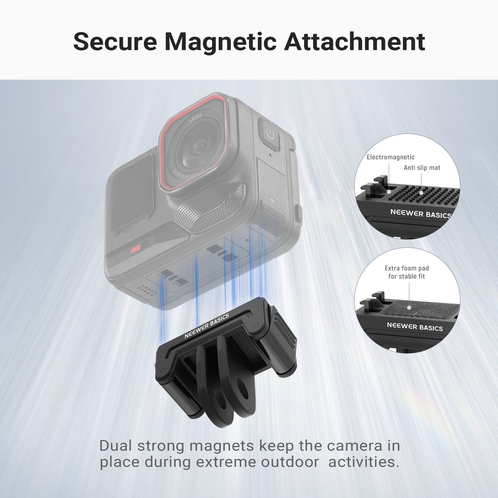 The action camera holder stand with strong magnets and retractable metal pins securely holds your device