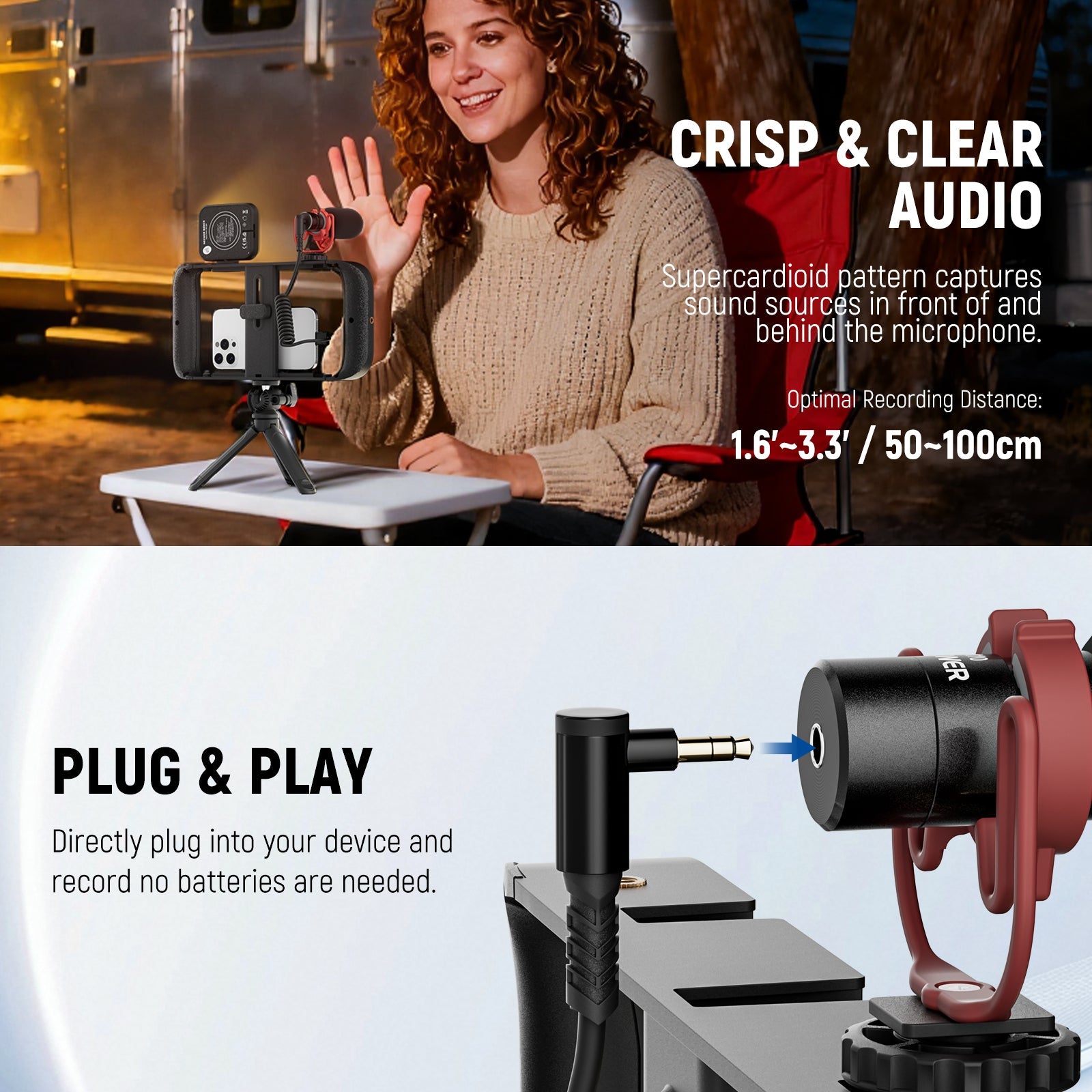 Directly plug the mini portable VM10 mic into your device and record professional sound