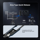 Quick release baseplate bracket is compatible with Arca type tripod heads for swift and secure attachment.