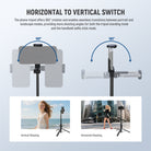 The tall cellphone mount tripod stand enables seamless transitions between portrait and landscape modes