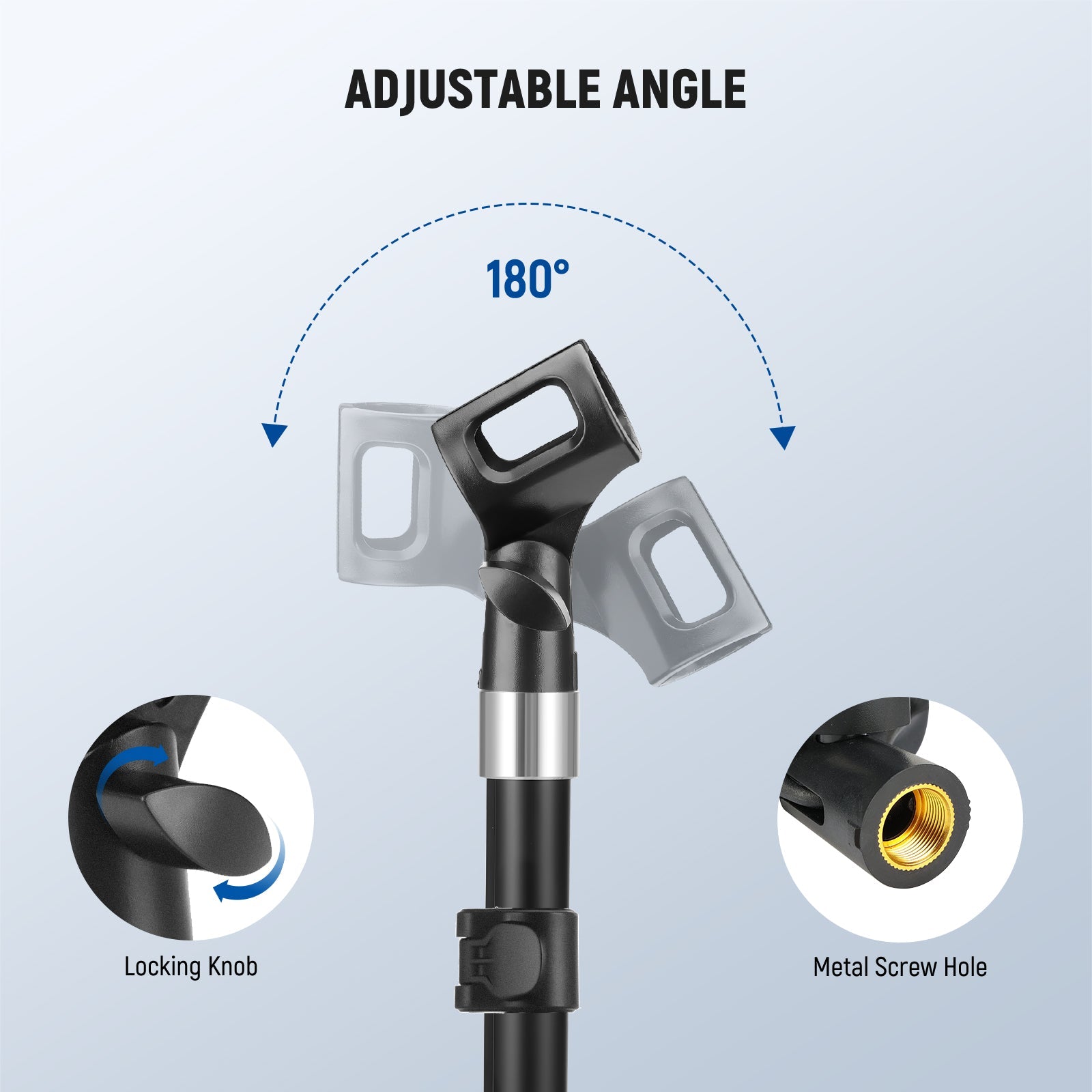 The microphone clip adjusts 180° back and forth for flexible positioning.