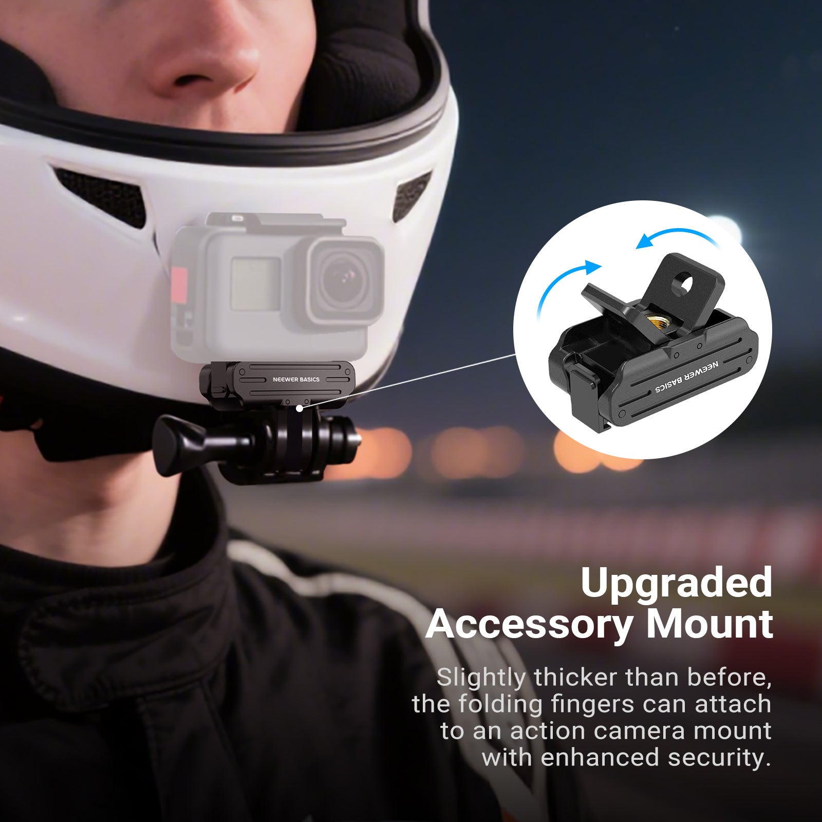 The folding fingers can attach to an action camera mount with enhanced security.
