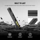 Its sturdy yet lightweight aluminum alloy casing is splash proof and impact resistant