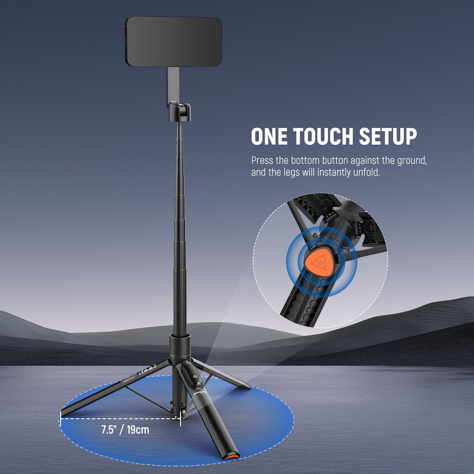 This compact lightweight magnetic selfie stick features a button that instantly deploys the legs upon contact with the ground.