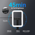 With a 1200mAh battery, the LED photo & film key light provides up to 45min continuous fill lighting at 100% brightness