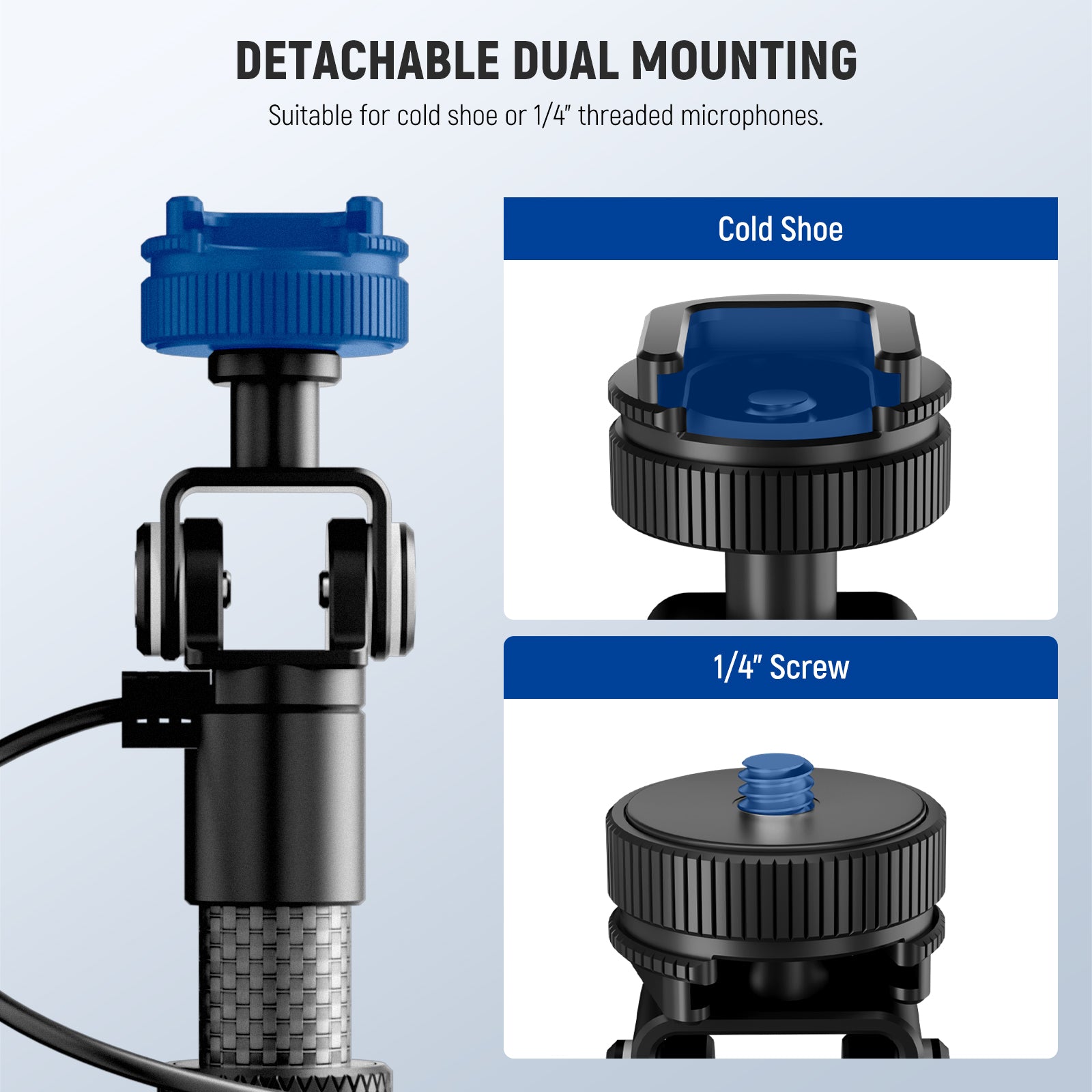 The cold shoe connects camera microphones, and the 1/4" screw connects more professional audio devices