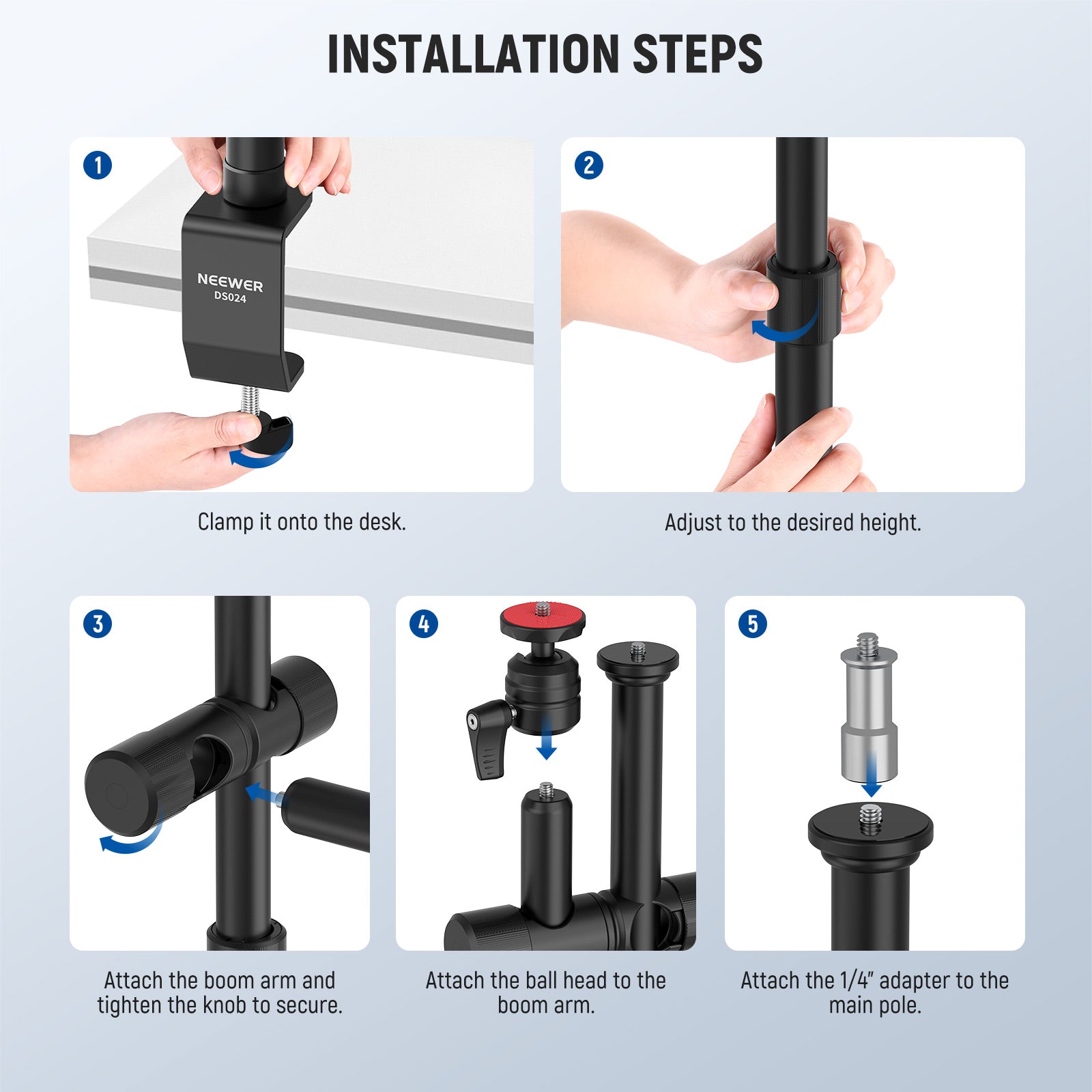 Installation steps of the NEEWER DS024 Flexible Overhead Camera Table Stand
